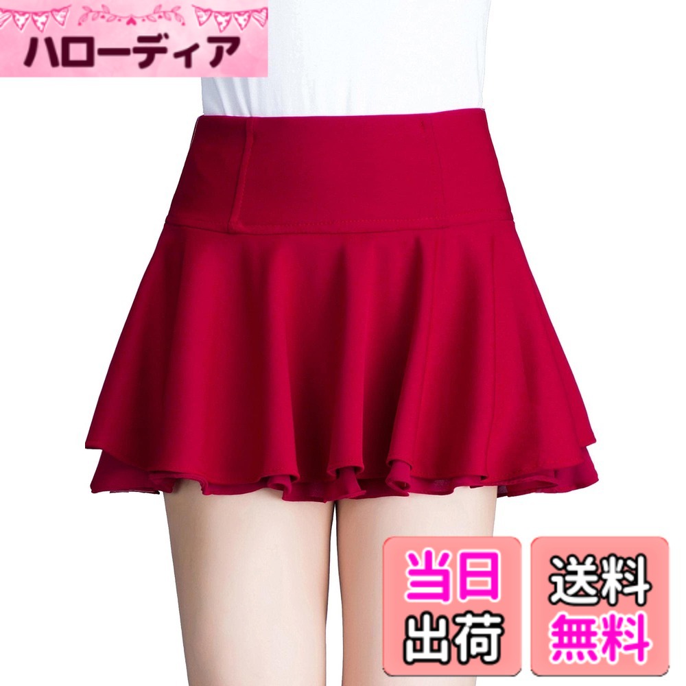 レディース シフォン 無地 スカート プリーツ ミニスカート ふんわり 可愛い 白 黒 色：31cm-赤-インナーパンツなし、サイズ：S