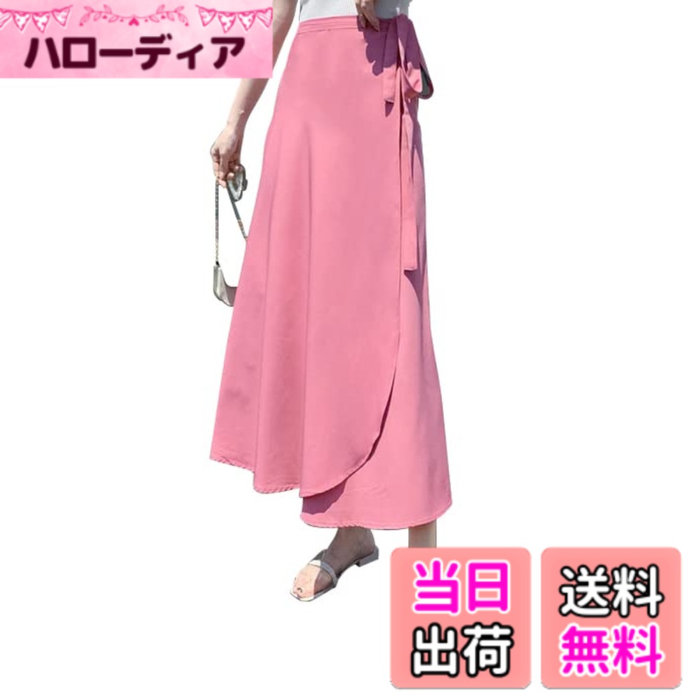 【送料無料】[syvent] レディース ロング 巻き スカート 15色 無地 ラップスカート シフォン フレアスカート春 夏 キルティング シンプル 巻きスカート 色：ピンク、サイズ：M