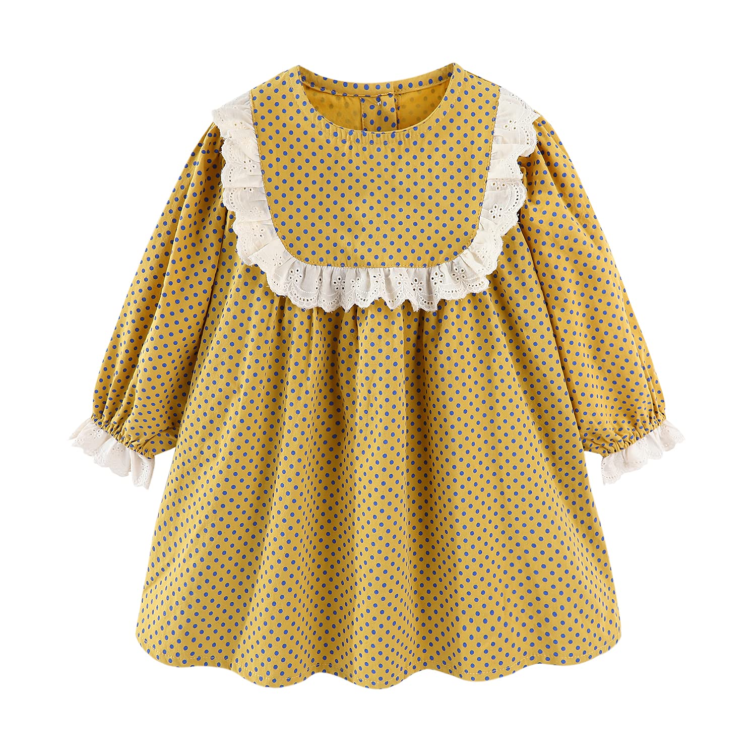 商品情報商品の説明主な仕様 【登場】これからの季節にぴったりな子供長袖ワンピースになります。【素材】さらっと肌触りの良い素材を使用し、通気性が抜群、肌に優しいです。【デザイン】水玉総柄のプリントとレースの縁取りが女の子気分を盛り上げます。【細部】背中にボタンを配置し、着脱が楽チン！【フレア】裾が広がるAラインのデザインがスタイル良く見せてくれます。