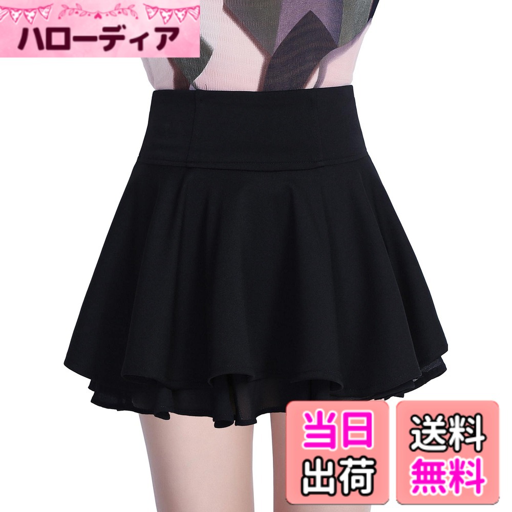 レディース シフォン 無地 スカート プリーツ ミニスカート ふんわり 可愛い 白 黒 色：36cm-黒-インナーパンツなし、サイズ：XL