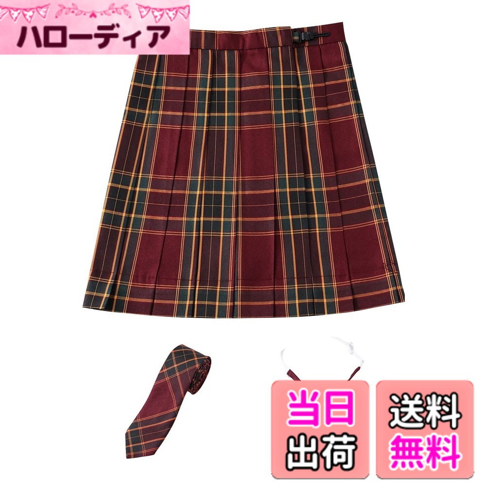 Rakuten - 【送料無料】[Sharphon] チェック プリーツスカート 25色 43/48CM丈 制服 ハイウエスト プリーツ スカート 蝶結び ネクタイ 3点セット 色：B10、サイズ：S-48CM