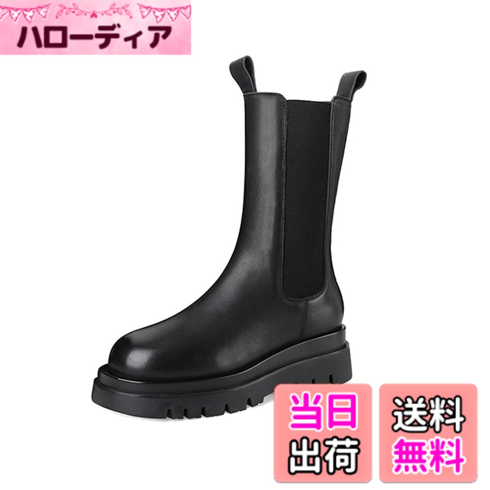 乐天商城 - 【送料無料】[TASOGARA] ブーツ レディース サイドゴア ハイカット 軽量 厚底 ミドルブーツ 大きいサイズ 小さいサイズ ラウンドトゥ ストーム付き 美脚効果 色：ブラック、サイズ：24.0 cm