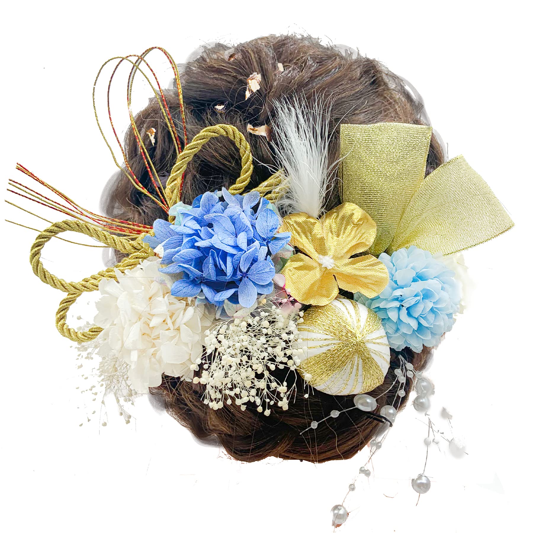 【送料無料】[JZOON] 髪飾りドライフラワー ダリア 造花飾り 和玉 赤 ヘアアクセサリー 成人式 水引 ヘッドパーツ あじさい 振袖 着物 卒業式 七五三 浴衣 袴 結婚式 かすみ草 和装 造花 手作り 専用ケース付き 色：ブルー