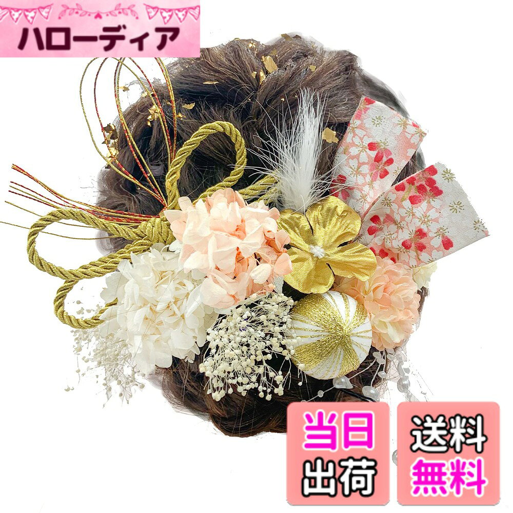 【送料無料】[JZOON] 髪飾りドライフラワー ダリア 造花飾り 和玉 赤 ヘアアクセサリー 成人式 水引 ヘッドパーツ あじさい 振袖 着物 卒業式 七五三 浴衣 袴 結婚式 かすみ草 和装 造花 手作り 専用ケース付き 色：シャンパン