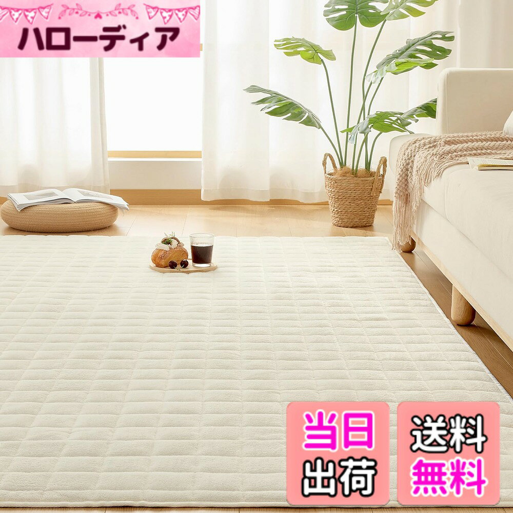 【送料無料】VK Living カーペット キルトラグ ラグマット 絨毯 ラグ 洗える 滑り止め付 防ダニ 抗菌 防臭 1年中使えるタイプ 床暖房 ホットカーペット対応 フランネルラグ 色：アイボリー、サイズ：190x190cm