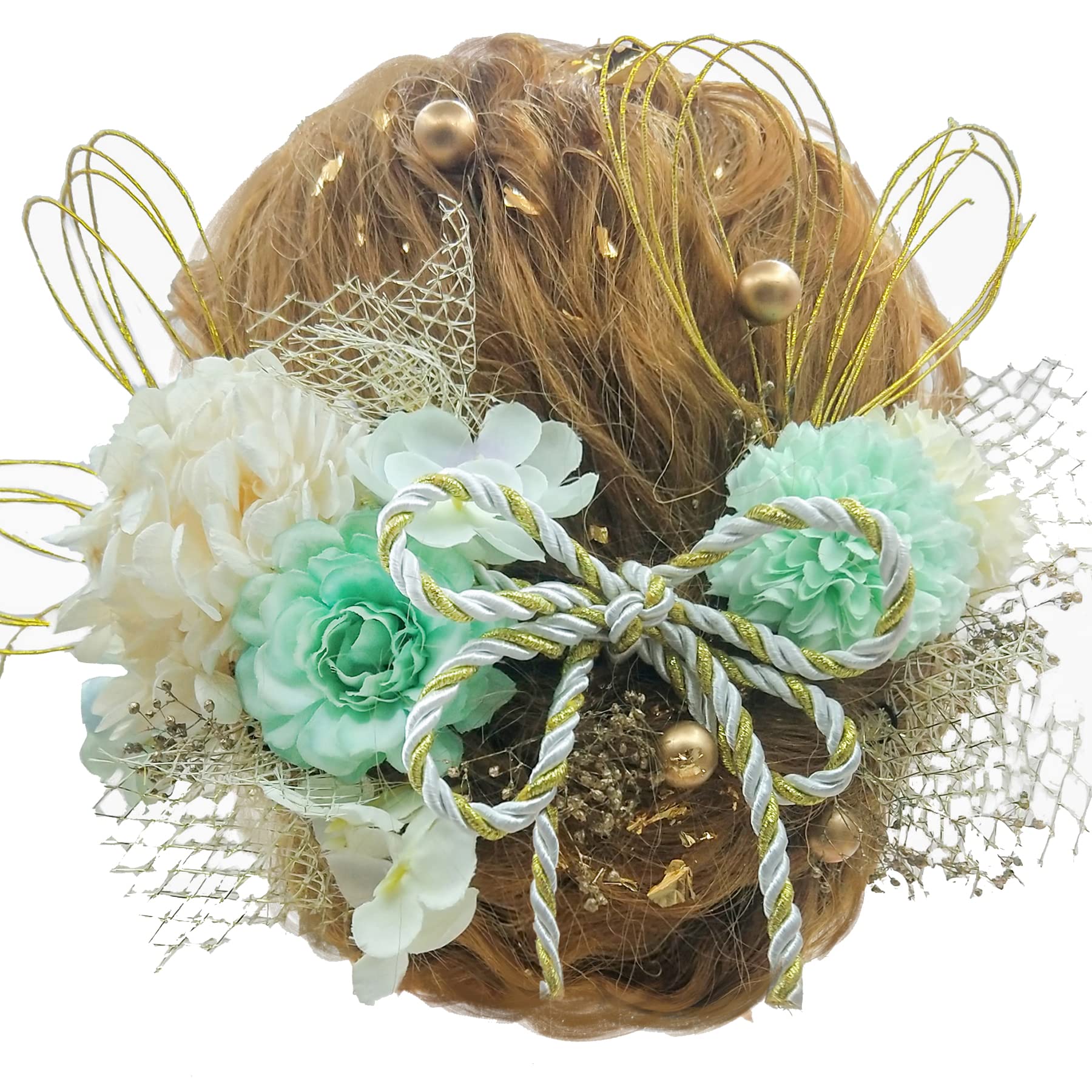 【送料無料】[JZOON] 髪飾り 成人式 髪飾り 金箔 卒業式 和装 結婚式 袴 着物 浴衣 振袖 ドライフラワー プリザーブドフラワー 高級造花 色：ティファニーブルー