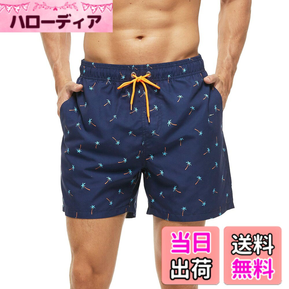 【送料無料】[Yotonna] ヨトンナ ハワイ風 海水パンツ 水着 サーフパンツ メンズ 海パン [水陸両用・吸水速乾] トランクス 短パン ボードショーツ ビーチパンツ スイムウェア おしゃれ メッシュインナー付き 大きいサイズ M-4XL 色：ヤシ柄(紺青色)、サイズ：2XL
