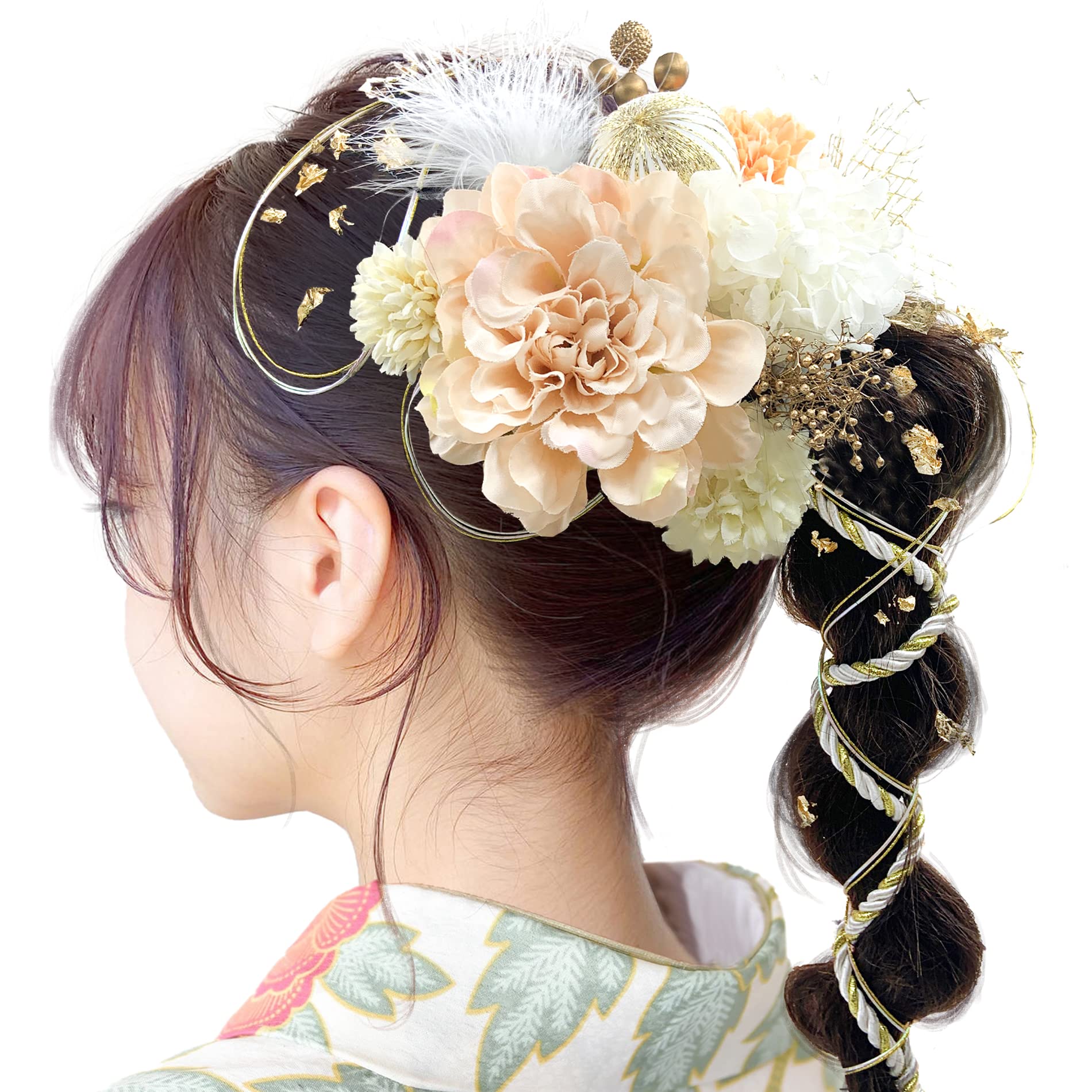 【送料無料】[JZOON] 髪飾り 成人式 髪飾り 8色 ドライフラワー 造花飾り 水引 紐 ダリア ヘアーアクセサリー 和玉 かすみ草 金箔 人気 和服 着物 振袖 袴 花 浴衣 成人式 七五三 結納 卒業式 入学式 結婚式 発表会 (パープル) 色：シャンパン、サイズ：Color