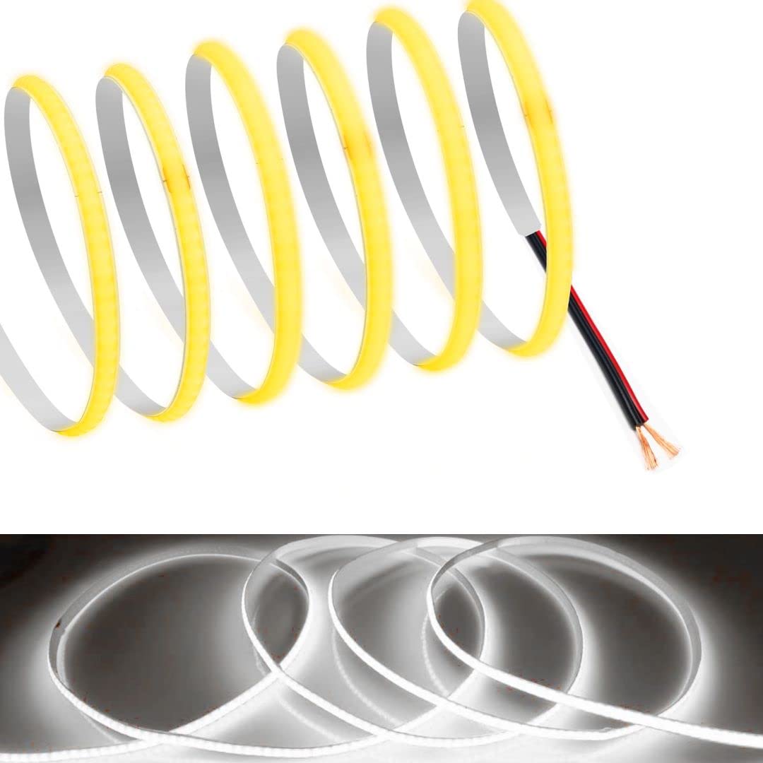  COB テープライト5MMLEDストリップライトフレキシブル 色：白光色、サイズ：黒赤線接続-12V-2m