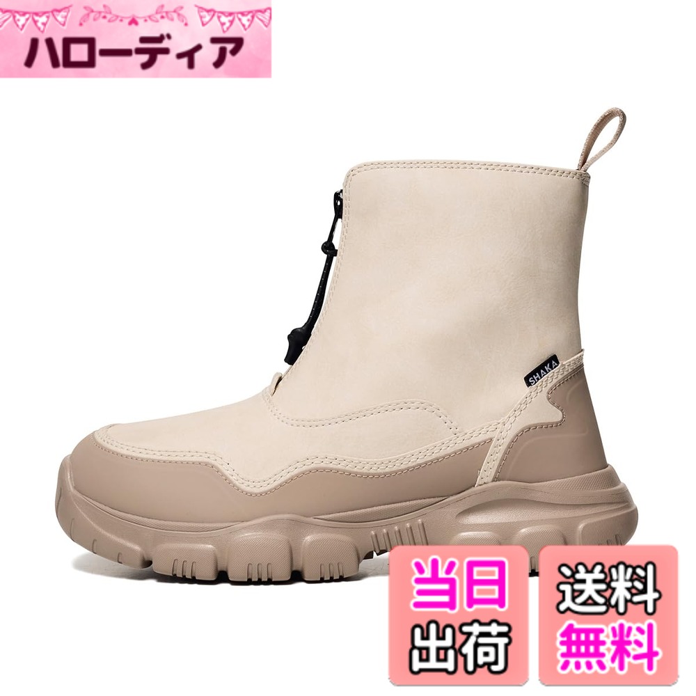 商品情報商品の説明説明 【難燃x撥水x最高の履き心地を実現した大好評のフロントジップブーツ】 街履きはもちろん、フェスやキャンプなどのイベントシーンや国内海外問わず旅行シーンなどアウトドアの足元としてもお勧めな本格機能サイドゴアブーツをアップデートし、 スペック満載でモードなトレンドにもマッチするセンタージップデザインのブーツタイプに仕上げた「TREK ZIP BOOTIE AT」。 スポーツサンダルを長年展開してきたSHAKAならではのノウハウが込められてたファッション性と実用性を併せ持つブーツです。 【本格的な機能性】 デザインのアクセントにもなったセンターに配置されたフロントジッパーにはYKK AquaGuard 止水ファスナーを採用し、 コードの先端にはプルストラップを付けてワンアクションでの簡単な着脱を可能にしています。 本革のような風合いのPUレザー(フェイクレザー)アッパーに難燃加工の「FLAME STOPPER(フレイムストッパー)」、 撥水加工の「3M Scotchgard (3M スコッチガード)」を施しております。 中敷き(インソール)には高い抗菌・防臭効果、通気性、クッション性の高い「SHAKA IN-FOAM(シャカインフォーム)」を採用し快適な履き心地を実現。 【SHAKAが誇るオリジナルソール】 アウトソールには全地形対応でグリップ力、クッション性が高いALL-TERRAIN(オールテレーン:AT) SOLEを使用。 軽量で衝撃吸収性に優れたEVA素材と耐久性とグリップ力を併せ持つラバー素材を掛け合わせたATソールは、普段のコンクリートもアウトドアフィールドでの地面でも歩きやすく快適で軽快な歩行をサポートしてくれます。 【SHAKA(シャカ)】 春夏のスポーツサンダルだけでなく、秋冬の足元もサポートするトータルフットウェアブランド。 2023SSシーズンより「SHAKA(シャカ)」はリニューアルしロゴを刷新。 ファッションとアウトドアスタイルの融合に加え、『行こう。自由 だ。』の新テーマのもと『旅』を軸に様々なシーンで対応する利便性の高いデザインと長時間の歩行をサポートする機能性のあるフットウェアを提案します。 ※カラーによって旧ロゴと新ロゴが分かれております。ご注意ください。 【サイズ展開】 US4=22cm, US5=23cm, US6=24cm, US7=25cm, US8=26cm, US9=27cm, US10=28cm, US11=29cm, US12=30cm主な仕様 難燃性xデイリーに重宝する撥水性xオリジナルATソールが最高の履き心地を実現させた、街履きだけでなくアウトドアや旅の足元としてもお勧めなSHAKA(シャカ)の本格高機能サイドゴアブーツシリーズをアップデートし、スペック満載でモードなトレンドにもマッチするセンタージップデザインのブーツタイプに仕上げた「TREK ZIP BOOTIE AT (トレック ジップ ブーティー AT)」。■サイズ：6 ( 24.0 ) -10 ( 28.0 )cm■素材：アッパー/合成皮革ミッドソール/合成底■原産国：中国カラー：Lien／Taupeサイズ：7（25．0）