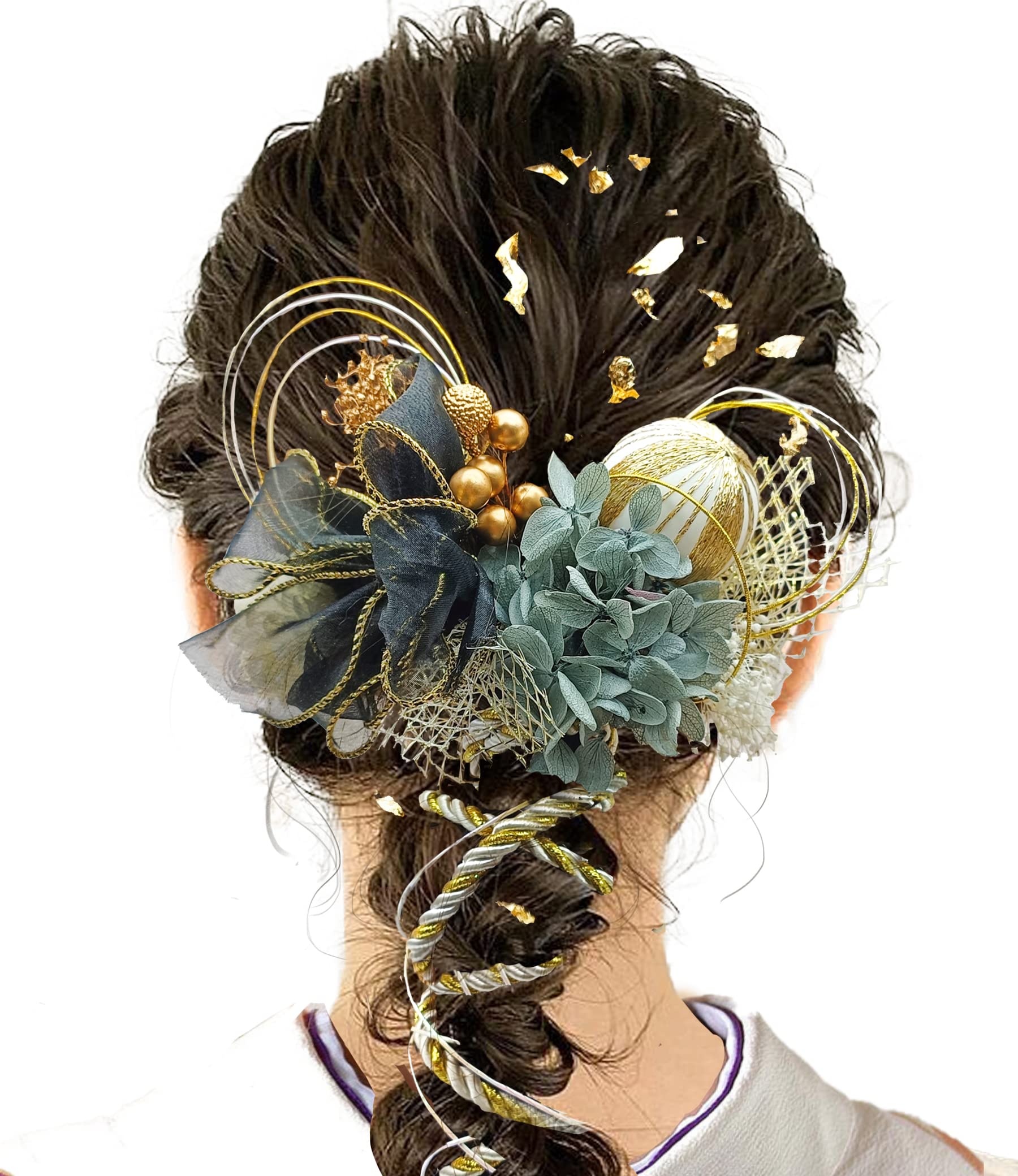 【送料無料】[JZOON] 髪飾り 6色展開 ドライフラワー 髪飾り 組紐 赤 ヘアアクセサリー 成人式 水引 ヘッドパーツ アジサイ 振袖 着物 卒業式 七五三 浴衣 袴 結婚式 かすみ草 カスミソウ 和装 手作り リボン 網 和玉 H5206 色：ブラック