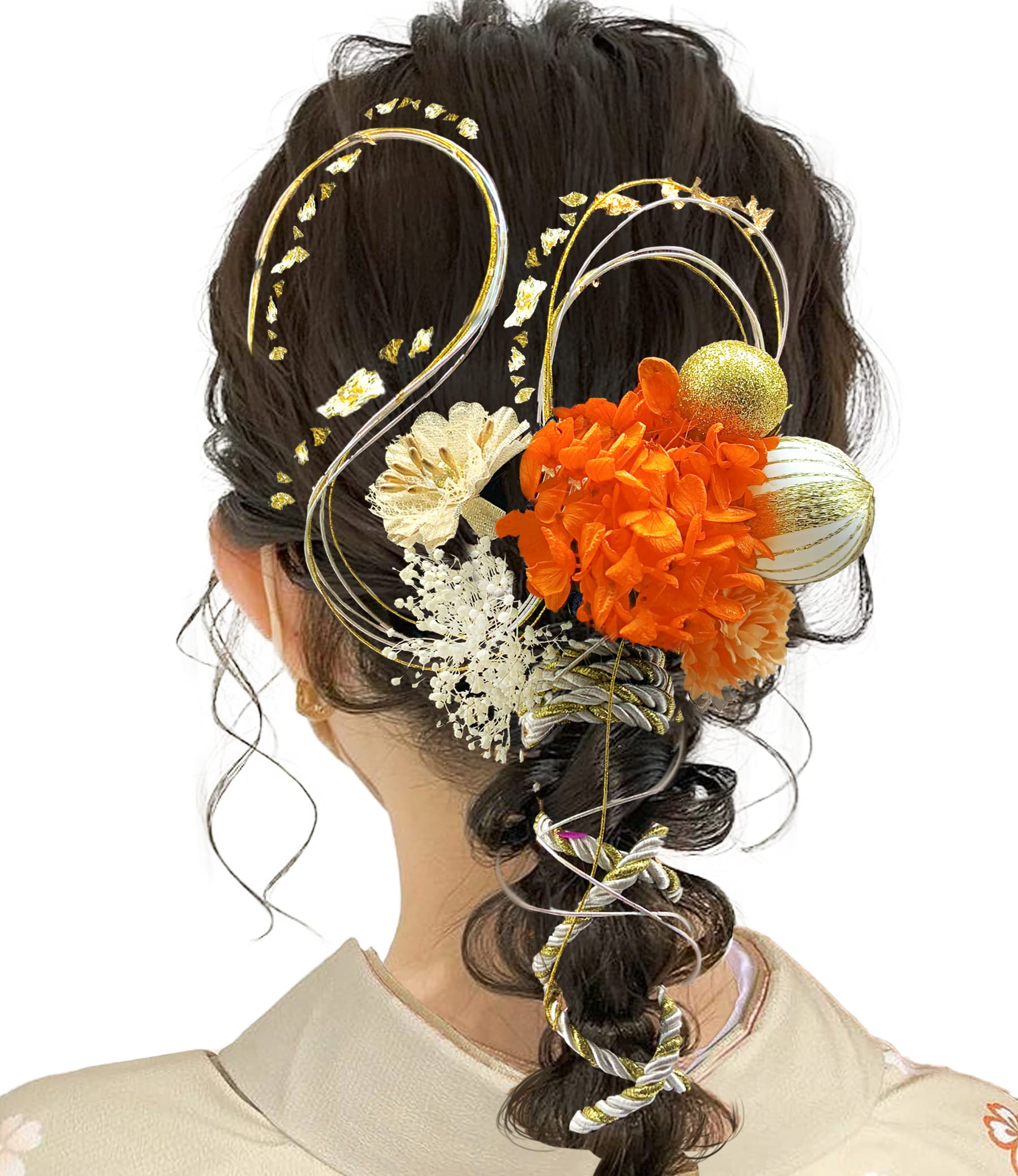 【送料無料】【JZOON髪飾り】 卒業式 成人式 ヘアアクセサリー アジサイ かすみ草和風 和装 七五三 結婚式 入学式 浴衣 着物 袴 振袖 花火大会 髪飾り 水引き 手作り 13本セット 9色 和装 洋装 パーツ 色：オレンジ