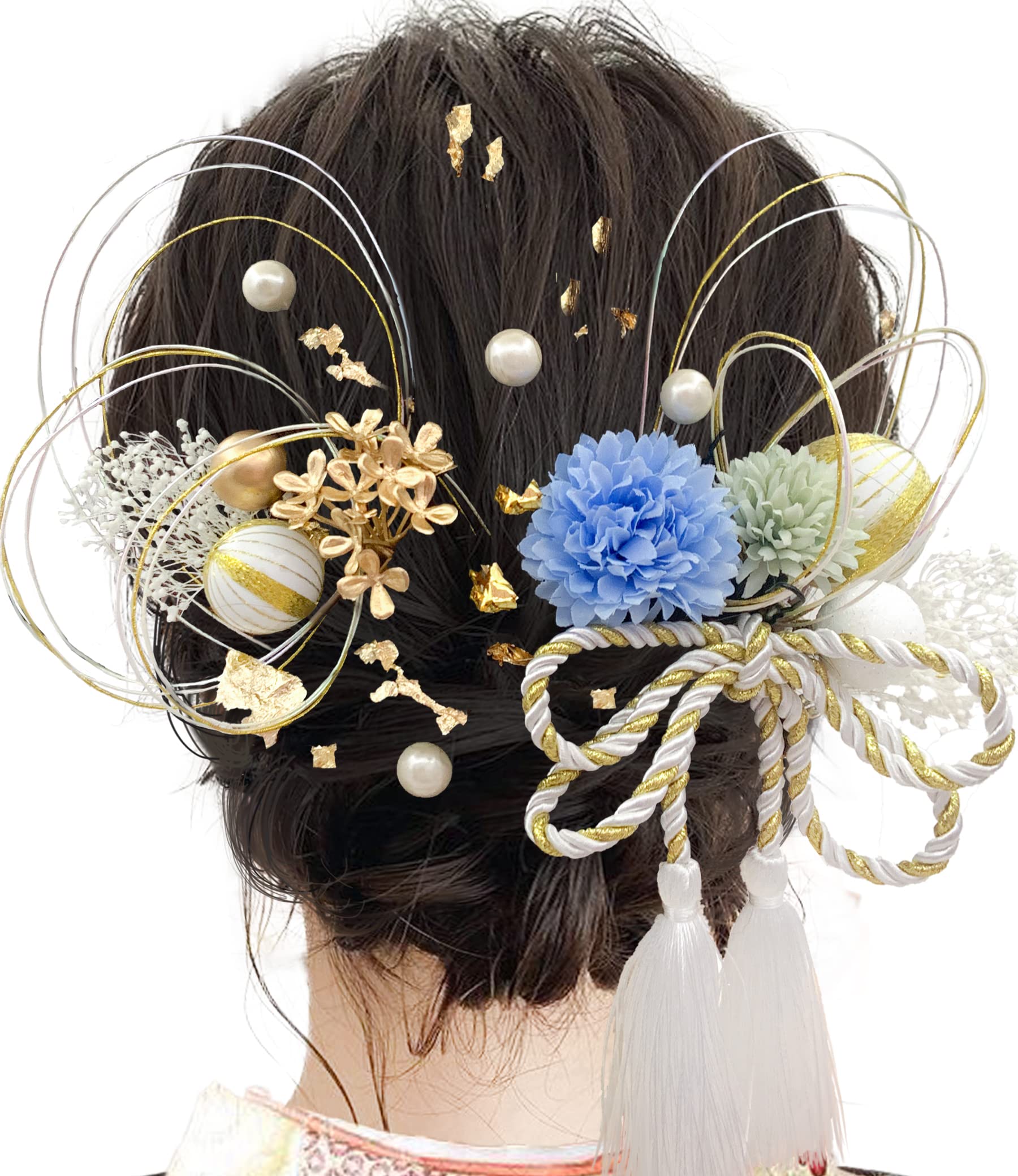【送料無料】[JZOON] 髪飾り 成人式 浴衣 髪飾り 七五三 金箔 卒業式 結婚式 水引 袴 振袖 和装小物 造花飾り 着物 和装[F1005] 色：ブルー