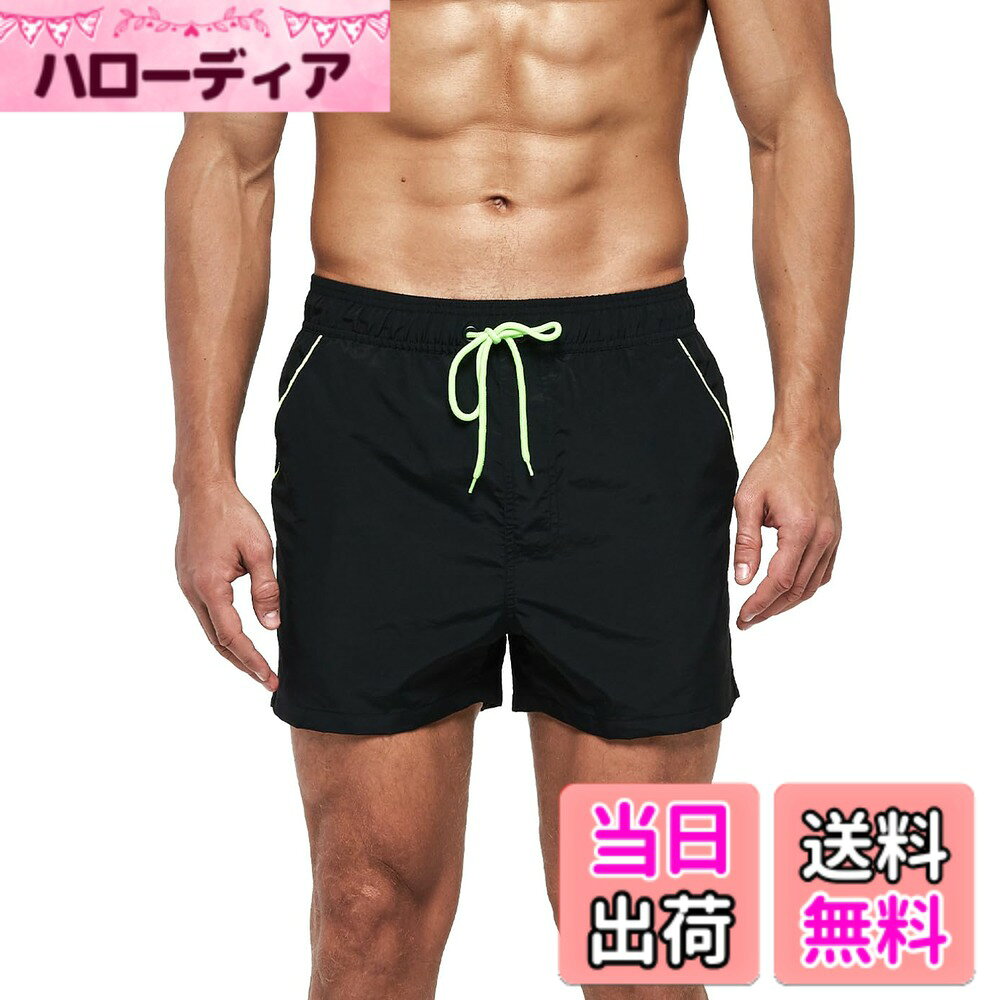 【送料無料】[Yotonna] ヨトンナ 水着 メンズ サーフパンツ 海水パンツ [ファスナーポケット付・水陸両用] 海パン トランクス スイムウェア 通気速乾 ビーチパンツ ボードショーツ メッシュインナー付き 大きいサイズ 色：ブラック、サイズ：XL