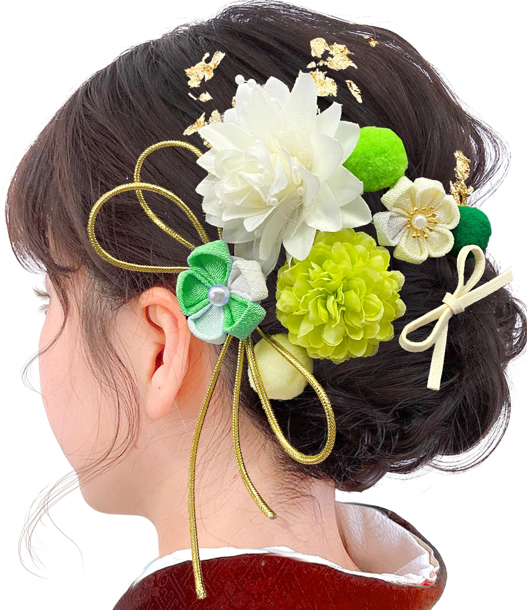 【送料無料】[JZOON] 成人式 髪飾り ヘアアクセサリー つまみ細工 菊 ピンポンマム クチナシ ポンポン 金箔 リボン 可愛い 手作り 浴衣 袴 着物 振袖 和装 成人式 前撮り 七五三 花火大会 イベント 卒園式 卒業式 結婚式 9色 11点セット F2010 色：グリーン