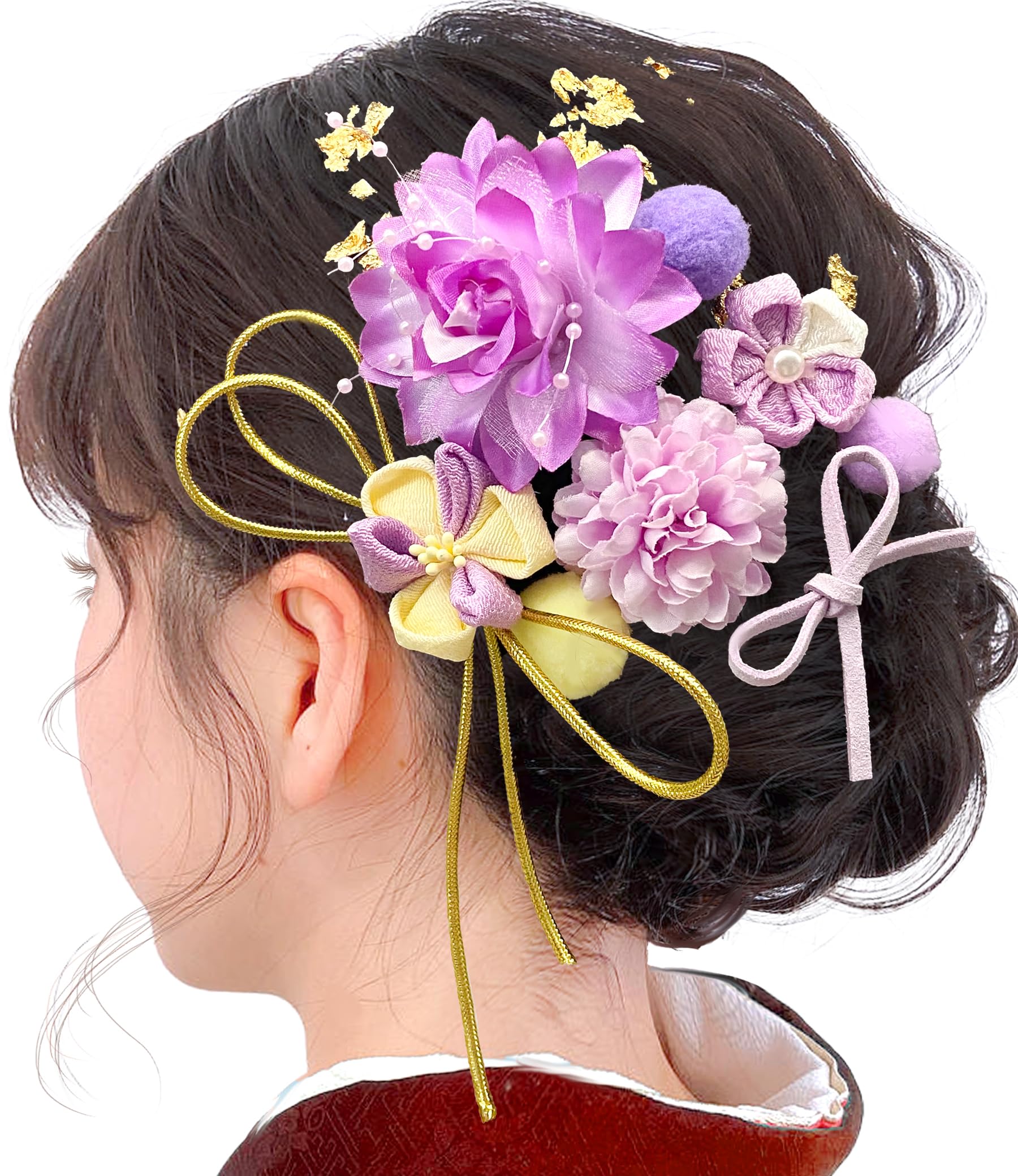 【送料無料】[JZOON] 成人式 髪飾り ヘアアクセサリー つまみ細工 菊 ピンポンマム クチナシ ポンポン 金箔 リボン 可愛い 手作り 浴衣 袴 着物 振袖 和装 成人式 前撮り 七五三 花火大会 イベント 卒園式 卒業式 結婚式 9色 11点セット F2010 色：パープル
