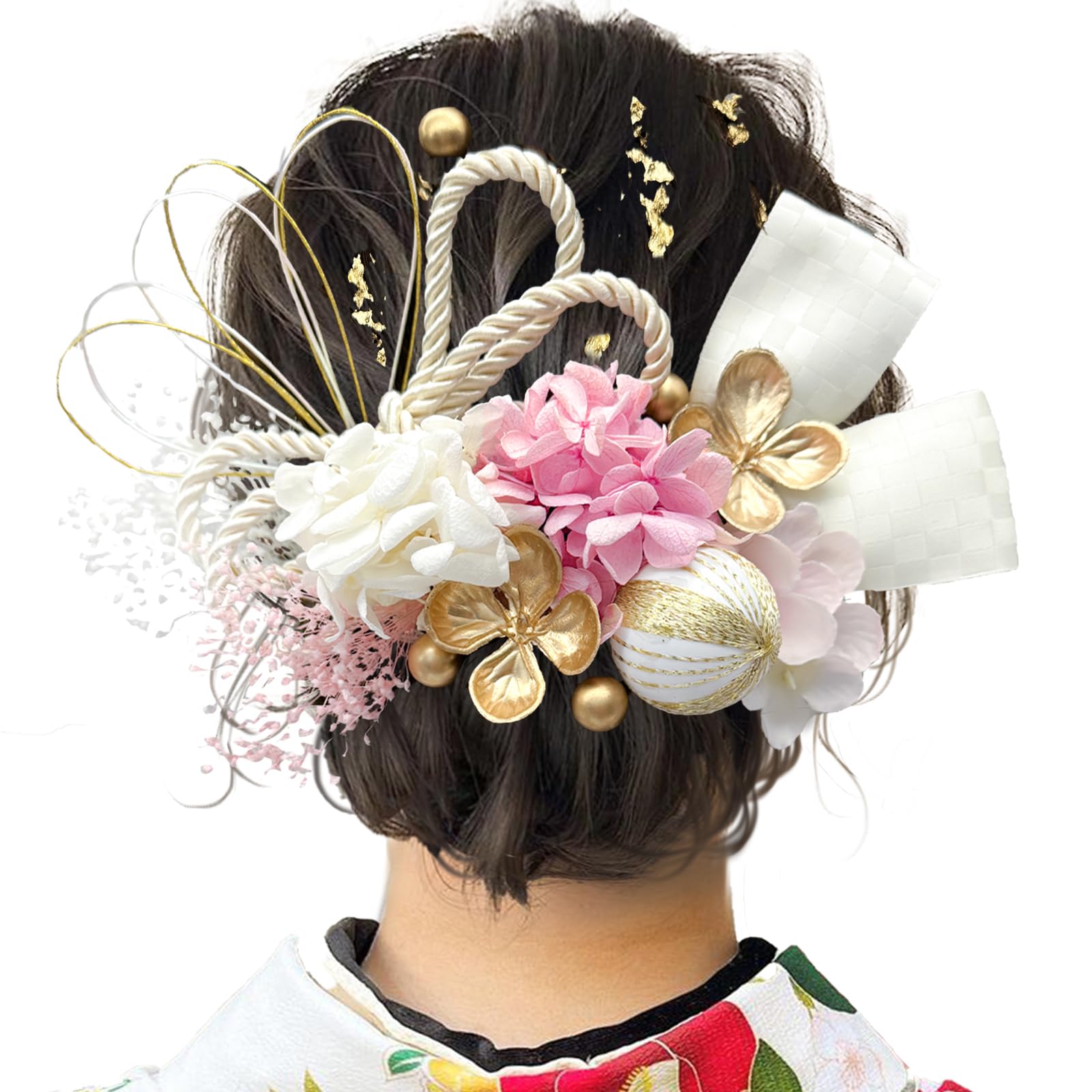 【送料無料】[JZOON] 髪飾りドライフラワー ダリア 造花飾り 和玉 赤 ヘアアクセサリー 成人式 水引 ヘッドパーツ あじさい 振袖 着物 卒業式 七五三 浴衣 袴 結婚式 かすみ草 和装 造花 手作り 専用ケース付き B2246 色：ピンク