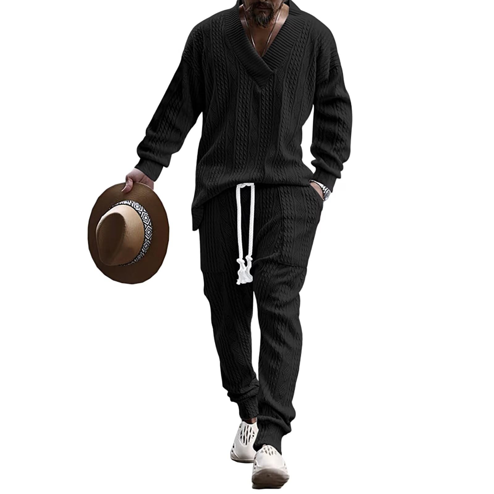 [Free Shipping] [Anmurye] Men's Tracksuit Set - Summer Clothes - Short-Sleeved T-Shirt + Shorts - Casual V-Neck - Oversized - Comfortable - Adjustable Waist - Solid Color - Breathable - White Color: Black, Size: 3XL