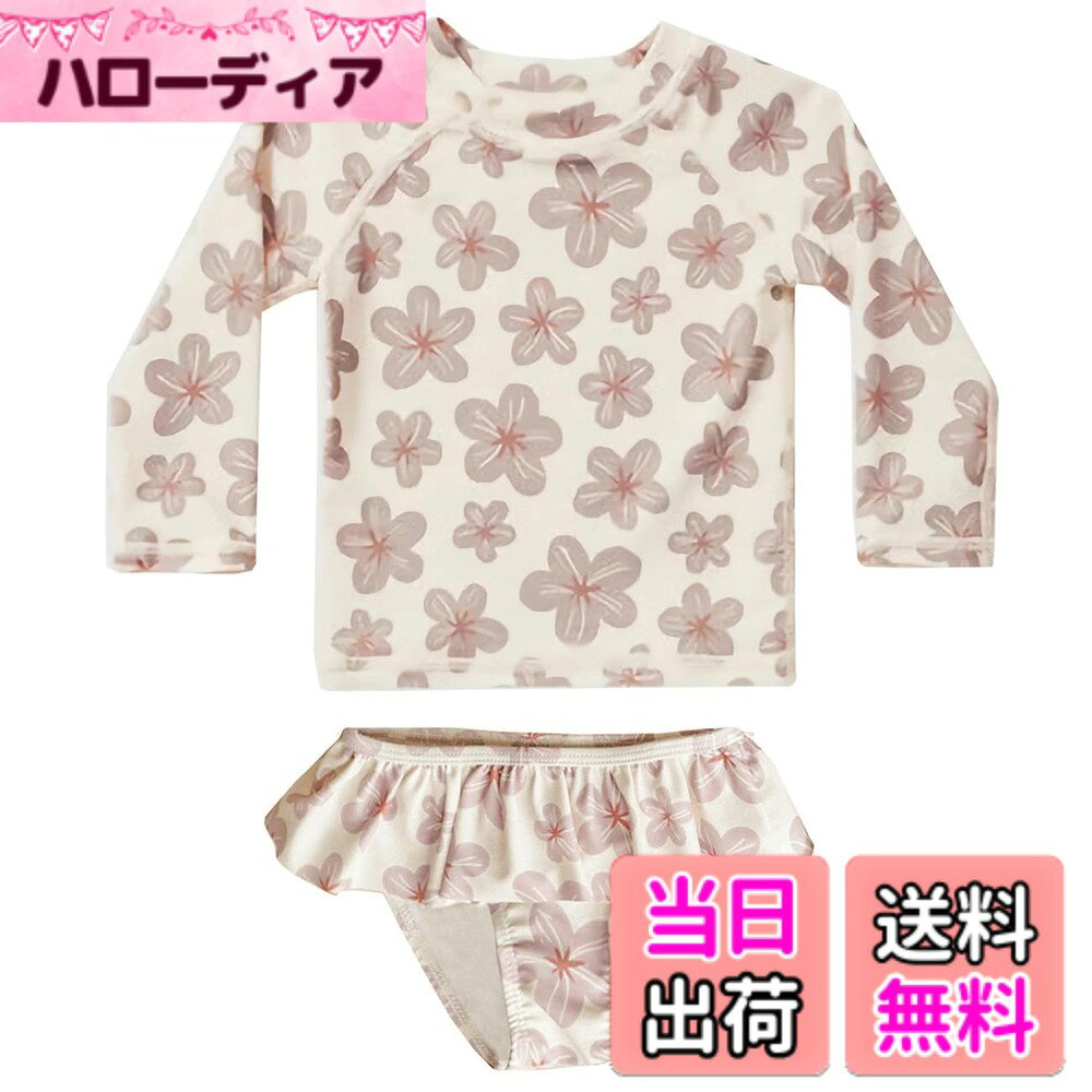  キッズ 水着 女の子 3点セット 長袖ラッシュガード フリルパンツ 帽子 子ども用水着 セパレート スイムウェア 子供 上下セット 幼児 ベビー水着 80-130cm 幼稚園 保育園用 紫外線対策 UVカット 色：ハイビスカス、サイズ：100