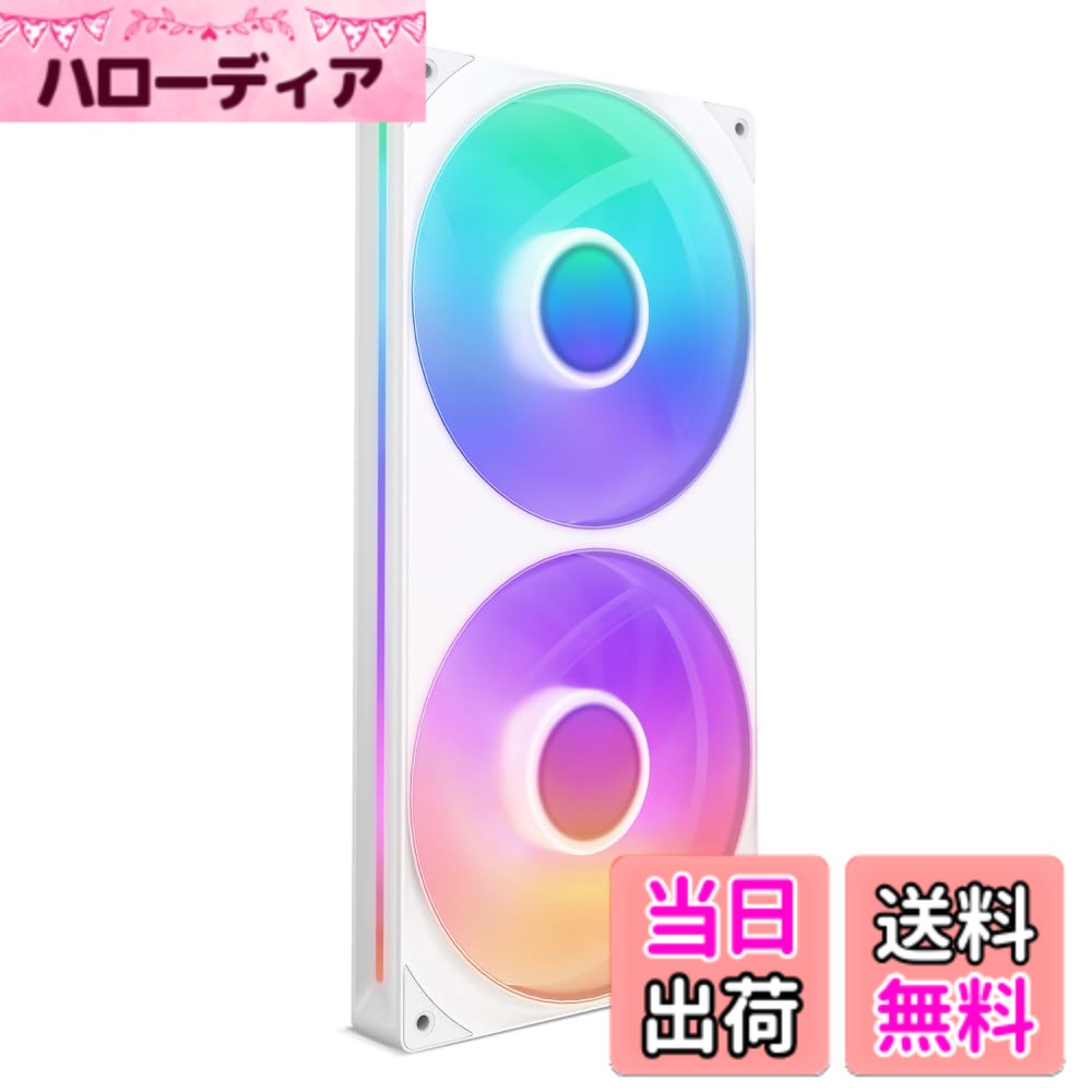 商品情報商品の説明複数のファンを一つの設計に組み入れ、高効率な冷却性能と低ノイズ設計が特徴の280mmのシングルフレームRGBファンユニット。個別にカスタマイズ可能なRGB LEDで美しい照明効果を提供します。 ●カラー：ホワイト ●製品サイズ：280 x 140 x 26 mm ●ファン個数：1 ●ファン回転数：500-2000 ± 200 rpm ●ファン風量：98.61 CFM ●ファン風圧：3.2 mmH2O ●ファンノイズレベル：34.5 dBA ●ファンベアリング：流体動圧軸受 (FDB) ●消費電力：最大 7.08W ●定格電圧：12V PWM / 5V RGB ●コネクタ：8ピン PWM & RGBアダプタ—ケーブル接続 (12V PWM & 5V RGB or NZXT RGBコネクタ) または NZXTコントローラーコネクタ接続 ●MTTF：60000時間 ●ケーブル長さ：600mm ●LED：8個（ファン毎） ●その他機能・特徴：シングルフレームデザイン、Zero RPM モード対応、CAMソフトウェアを使用してRGBライティングをカスタマイズ可能（NZXT RGB & Fan Controllerが別途必要） ●付属品：取り付けネジx4、RGB ＆ PWMアダプタケーブルx1主な仕様 FN2265 日本正規代理店製品 2年流体動圧軸受を採用したPWMファンが、効率的な冷却性能を提供しながら、ノイズを最小限に抑えます。ゼロRPMモードに対応しており、アイドル時の静音性をさらに向上させます。シングルフレームデザインにより、取り付けが簡単で、デジタル制御もシンプルです。NZXT RGB & Fan Controller（別売）に接続することで、CAMソフトウェアを使用してライティングとファンの動作を一元管理できます。ファンごとに8個のRGB LEDが搭載されており、半透明のブレードを照らします。NZXT CAMを使用して、ライティングを個別にカスタマイズし、他のNZXT製品と同期させることができます。冷却性能と静圧のバランスが取れた設計で、500-2000 RPMの回転速度で、98.61 CFMの高いエアフローを提供します。これにより、PCの内部を効率的に冷却し、システムのパフォーマンスを最適化します。