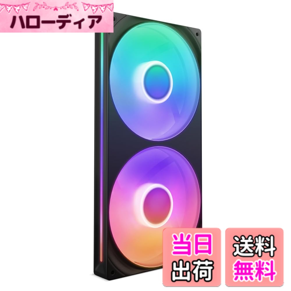 商品情報商品の説明複数のファンを一つの設計に組み入れ、高効率な冷却性能と低ノイズ設計が特徴の280mmのシングルフレームRGBファンユニット。個別にカスタマイズ可能なRGB LEDで美しい照明効果を提供します。 ●カラー：ブラック ●製品サイズ：280 x 140 x 26 mm ●ファン個数：1 ●ファン回転数：500-2000 ± 200 rpm ●ファン風量：98.61 CFM ●ファン風圧：3.2 mmH2O ●ファンノイズレベル：34.5 dBA ●ファンベアリング：流体動圧軸受 (FDB) ●消費電力：最大 7.08W ●定格電圧：12V PWM / 5V RGB ●コネクタ：8ピン PWM & RGBアダプタ—ケーブル接続 (12V PWM & 5V RGB or NZXT RGBコネクタ) または NZXTコントローラーコネクタ接続 ●MTTF：60000時間 ●ケーブル長さ：600mm ●LED：8 個（ファン毎） ●その他機能・特徴：シングルフレームデザイン、Zero RPM モード対応、CAMソフトウェアを使用してRGBライティングをカスタマイズ可能（NZXT RGB & Fan Controllerが別途必要） ●付属品：取り付けネジx4、RGB ＆ PWMアダプタケーブルx1主な仕様 FN2264 日本正規代理店製品 2年流体動圧軸受を採用したPWMファンが、効率的な冷却性能を提供しながら、ノイズを最小限に抑えます。ゼロRPMモードに対応しており、アイドル時の静音性をさらに向上させます。シングルフレームデザインにより、取り付けが簡単で、デジタル制御もシンプルです。NZXT RGB & Fan Controller（別売）に接続することで、CAMソフトウェアを使用してライティングとファンの動作を一元管理できます。ファンごとに8個のRGB LEDが搭載されており、半透明のブレードを照らします。NZXT CAMを使用して、ライティングを個別にカスタマイズし、他のNZXT製品と同期させることができます。冷却性能と静圧のバランスが取れた設計で、500-2000 RPMの回転速度で、98.61 CFMの高いエアフローを提供します。これにより、PCの内部を効率的に冷却し、システムのパフォーマンスを最適化します。