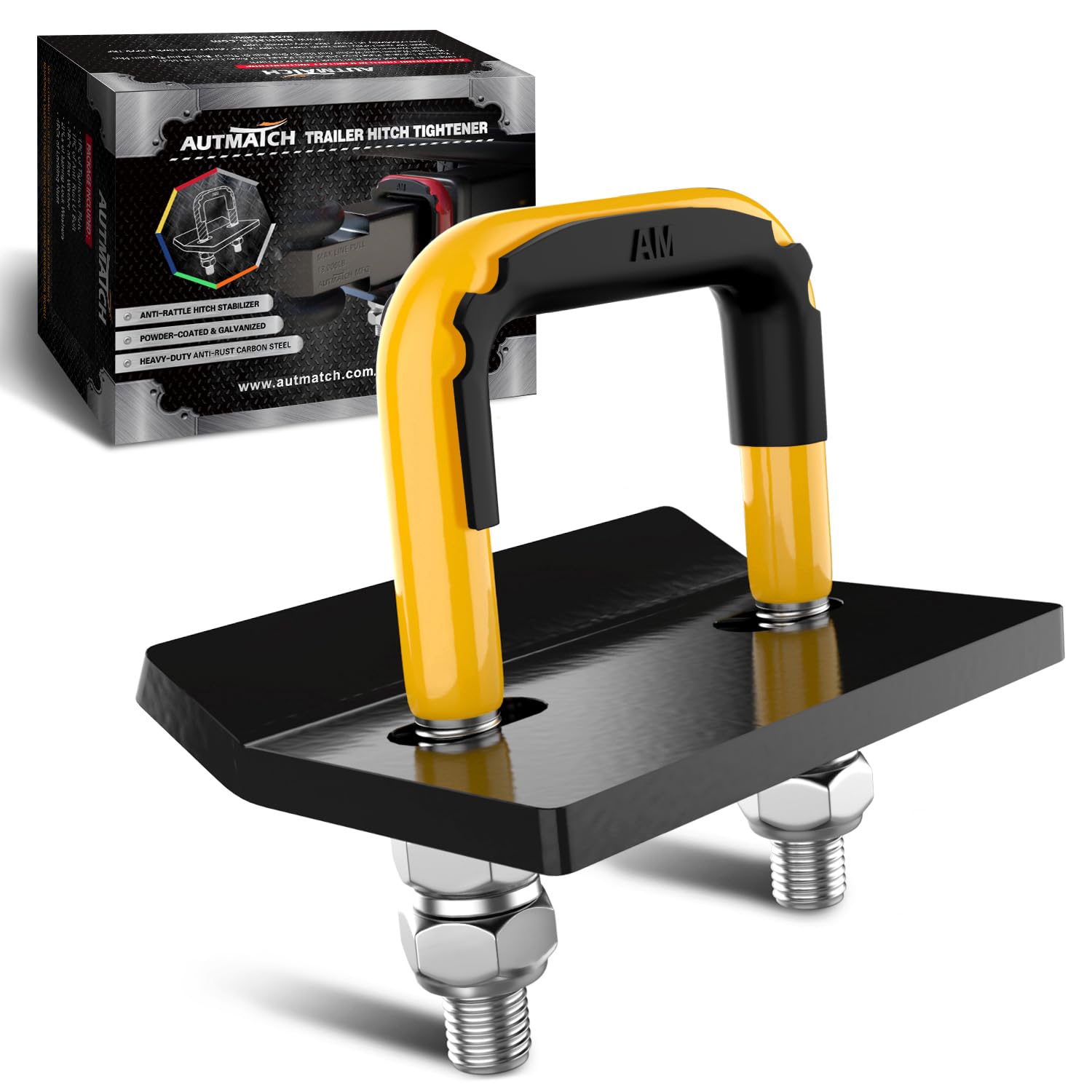 AUTMATCH ヒッチ締め具 ガタつき防止クランプ、3.81センチおよび5.08センチのトレーラーヒッチ用高耐久ヒッチスタビライザー、ゴム製アイソレーターと防錆二重コーティング保護 トレーラー 色：イエロー&ブラック、サイズ：Trailer Hitch Tightener 2.5 Inch
