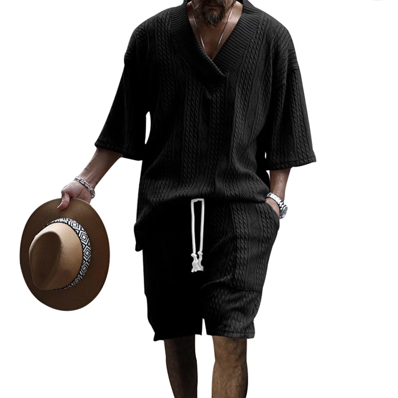 [Free Shipping] [Anmurye] Men's Tracksuit Set - Summer Clothes - Short-Sleeved T-Shirt + Shorts - Casual V-Neck - Oversized - Comfortable - Adjustable Waist - Solid Color - Breathable - Sweatshirt Set - White - Color: Black (Short Sleeve), Size: M