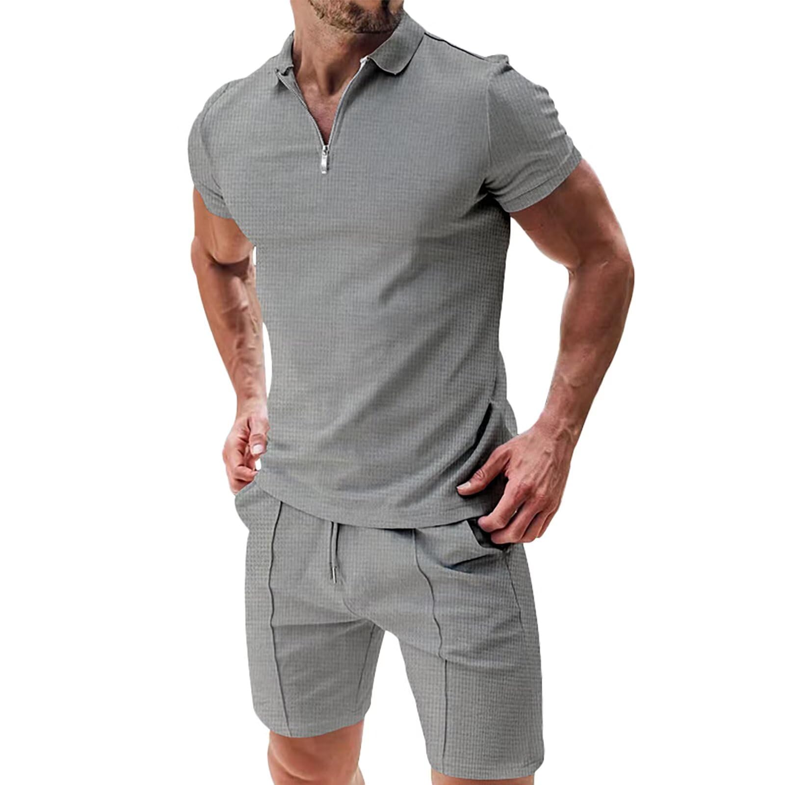 [Free Shipping] [Anmurye] Men's Tracksuit Set - Summer Clothes - Short-Sleeved Polo Shirt + Shorts - Casual V-Neck with Zipper - Comfortable - Adjustable Waist - Solid Color - Breathable - Sweatshirt Set - Color: Gray, Size: M