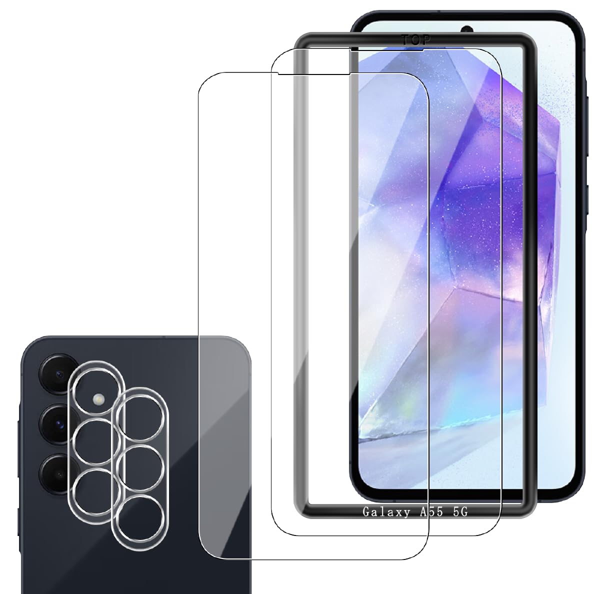 【送料無料】Wigsii 対応 Galaxy A55 5G SC-53E / SCG27 用 ガラスフィルム 【2+2枚セット+ ガイド枠付き】Galaxy A55 5G SC-53E / SCG27 保護フィルム *2 + カメラフィルム *2 【 高 品質 日本AGC旭硝子素材】 硬度9H 強化ガラス 衝撃吸収 飛散防 サイズ：Galaxy A55 5G