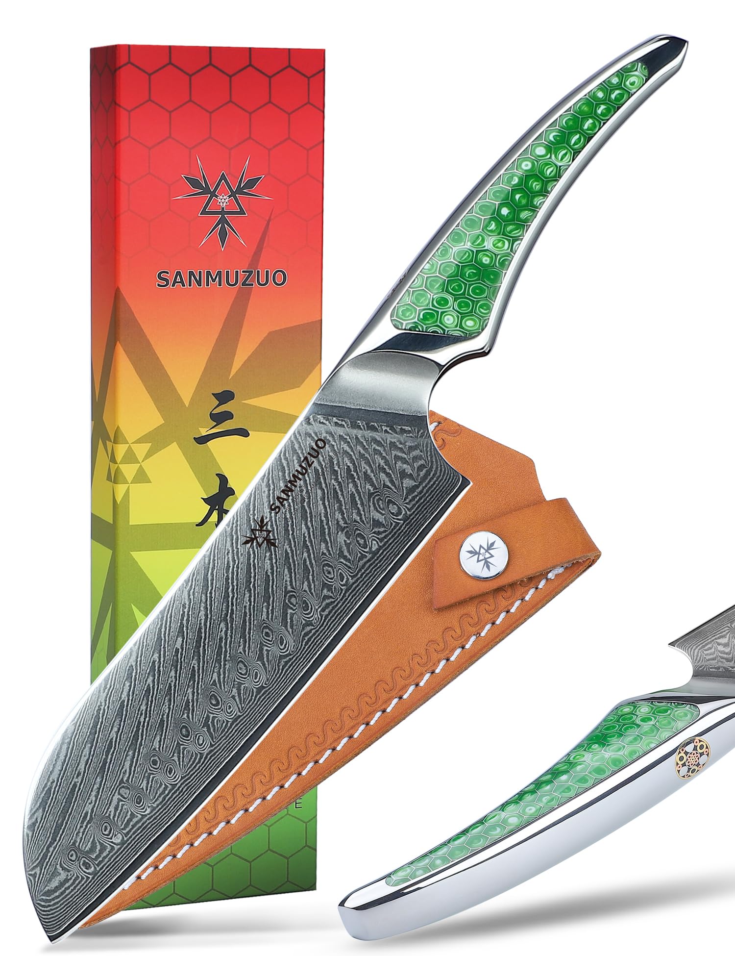 【送料無料】SANMUZUO シェフナイフ、超鋭利ダマスカス鋼キッチンナイフ、グリーン樹脂のフルタン ...