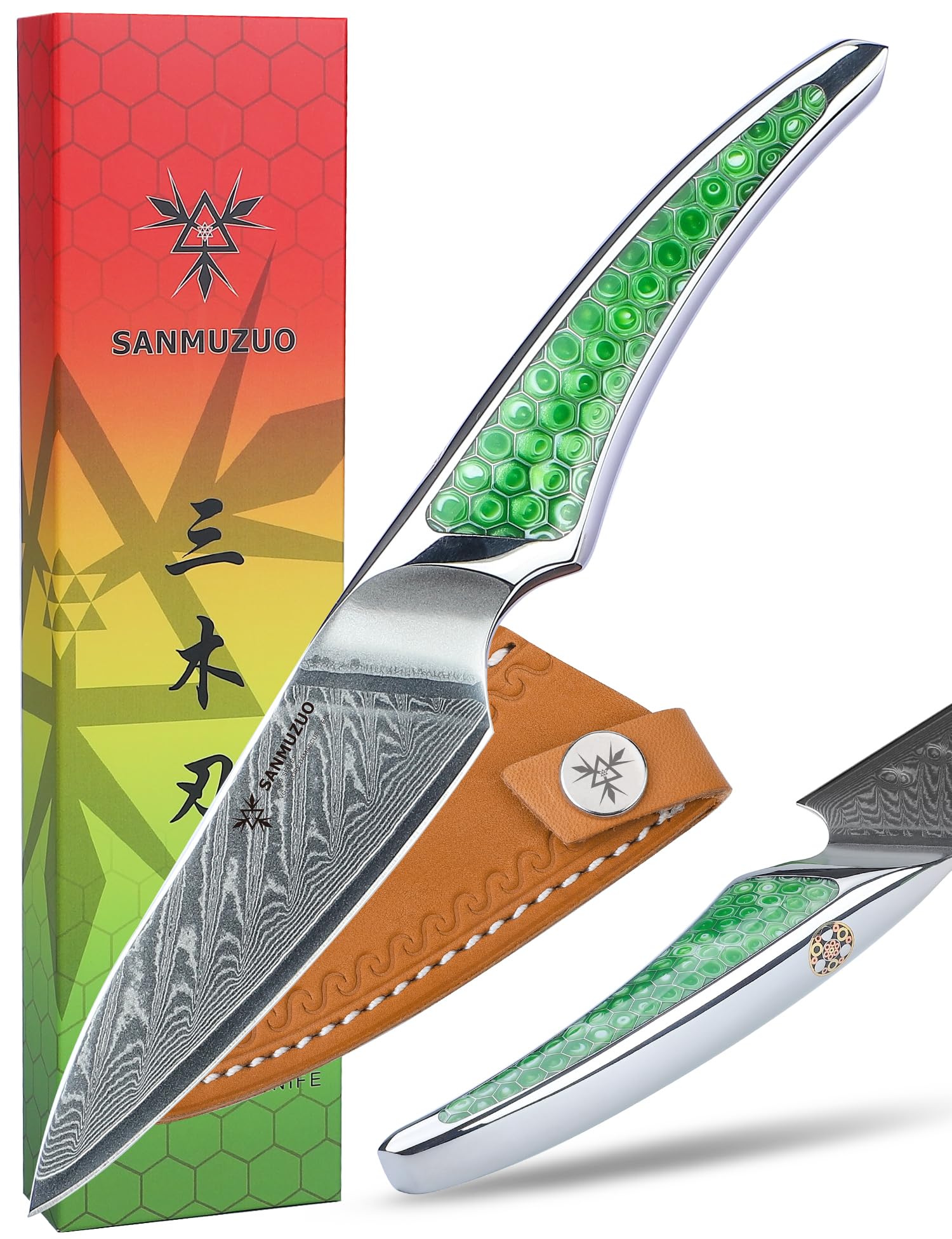 【送料無料】SANMUZUO シェフナイフ、超鋭利ダマスカス鋼キッチンナイフ、グリーン樹脂のフルタン ...