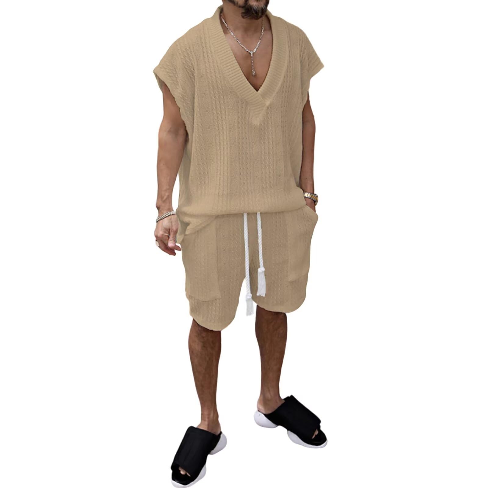 [Free Shipping] [Anmurye] Men's Tracksuit Set - Summer Clothes - Tank Top + Shorts - Casual V-Neck - Oversized - Comfortable - Adjustable Waist - Solid Color - Breathable - Sweatshirt Set - Color: Khaki, Size: L