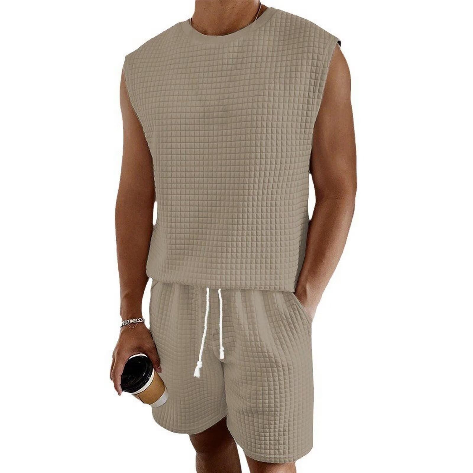 [Free Shipping] [Anmurye] Men's Tracksuit Set - Waffle Fabric Tank Top + Shorts - Casual, Crew Neck, Summer Wear, Oversized, Comfortable, Adjustable Waist, Solid Color, Breathable, Sweatshirt Set - Color: Khaki, Size: M