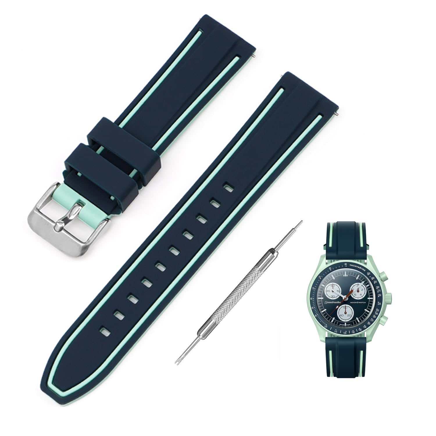  20mm 時計バンド for SwatchxOMEGA Speedmaster MoonSwatch スウォッチとオメガ用シリコン時計ベルト Quick Release 交換工具付き 色：グリーン・ブルーライン