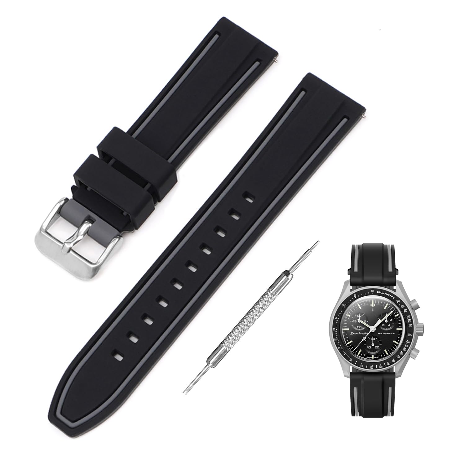  20mm 時計バンド for SwatchxOMEGA Speedmaster MoonSwatch スウォッチとオメガ用シリコン時計ベルト Quick Release 交換工具付き 色：ブラック・グレーライン