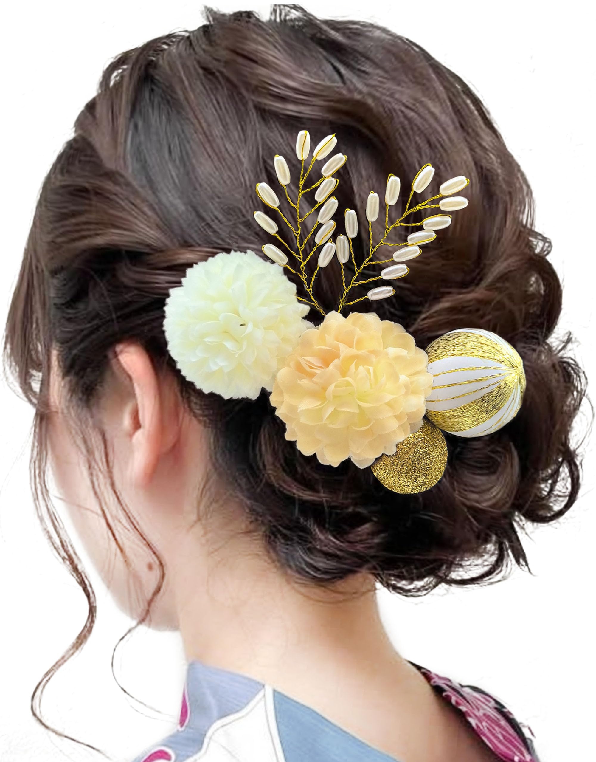 【送料無料】【JZOON 髪飾り】 24色展開 浴衣 髪飾り ヘアアクセサリー ピンポンマム ヘアメイク ドライフラワー 成人式 和装 着物 振袖 袴 浴衣 夏祭り造花 花飾り 花火大会 卒業式 七五三 結婚式 造花 花飾り 簡潔 髪留め 入学式 発表会 パール 色：F白とシャンパン