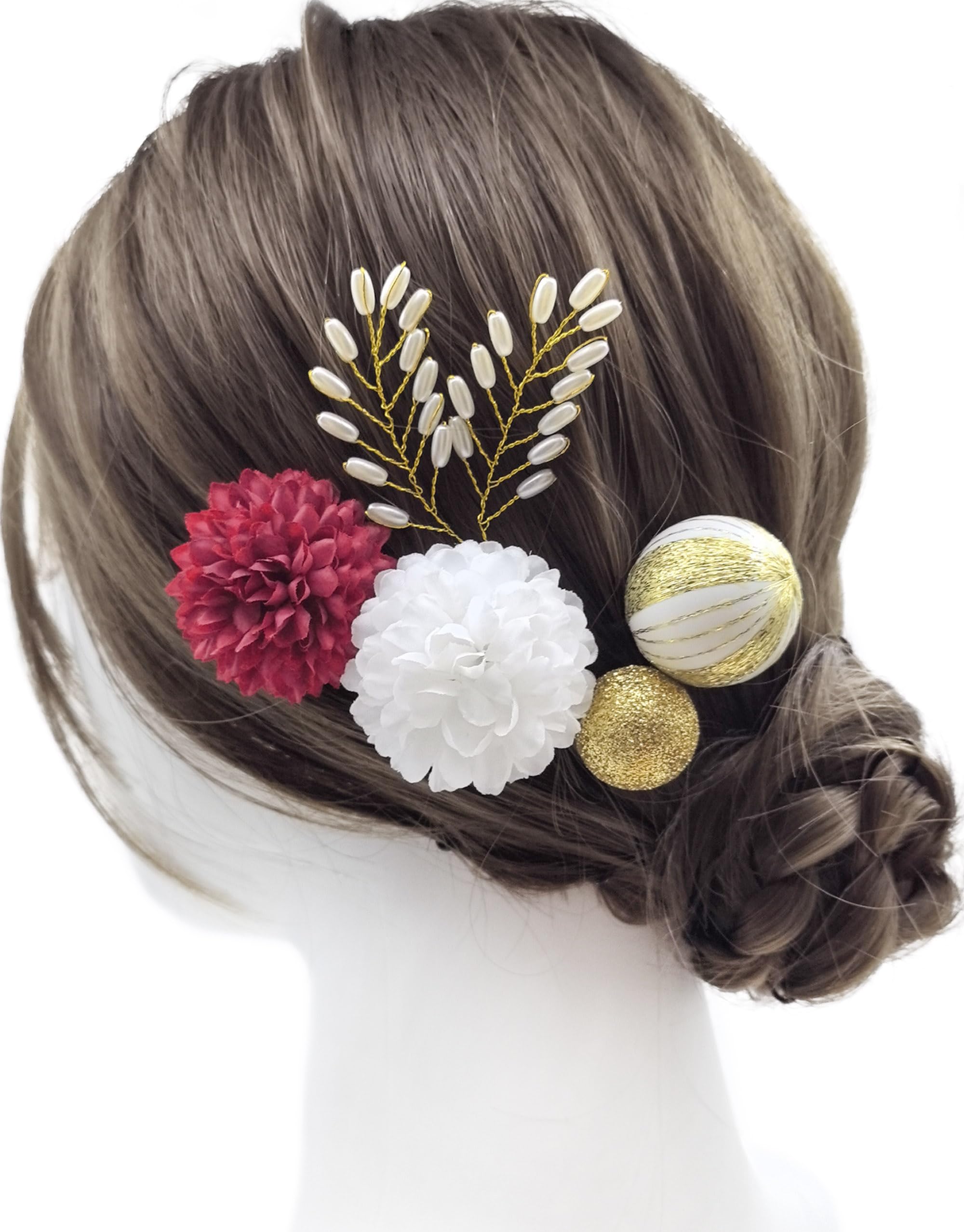 【送料無料】【JZOON 髪飾り】 24色展開 浴衣 髪飾り ヘアアクセサリー ピンポンマム ヘアメイク ドライフラワー 成人式 和装 着物 振袖 袴 浴衣 夏祭り造花 花飾り 花火大会 卒業式 七五三 結婚式 造花 花飾り 簡潔 髪留め 入学式 発表会 パール 色：L赤と白