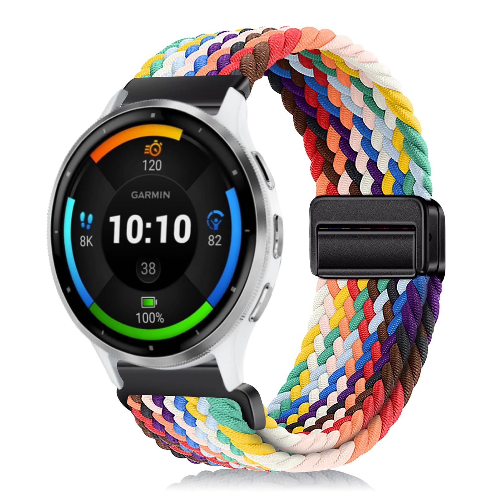  バンド 22mm For Garmin Venu 4/3 45mm/Forerunner 570 47mm/Venu 2 /Vvoactive 4 交換用ストラップ 弾性ナイロン製 替えベルト 編組ストラップ 磁気バックル 換えベルト マグネットバンド コンパチブルGarm 色：レインボー、サイズ：ワンサイズ