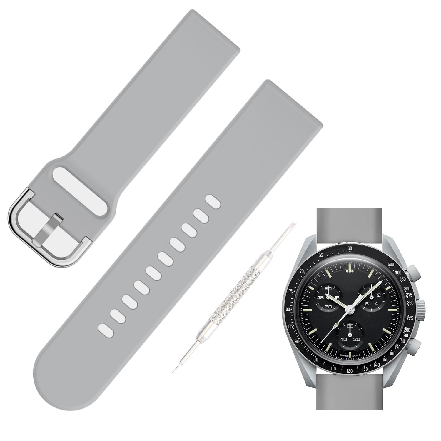  20mm シリコン時計バンド for SwatchxOMEGA Speedmaster MoonSwatch スウォッチとオメガベルト Quick Release 交換工具付き 色：グレー