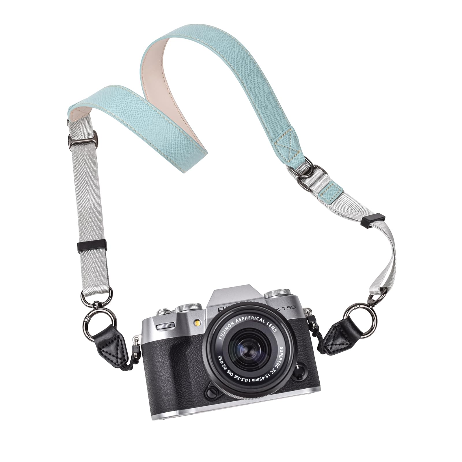 【送料無料】[VOVMOEYA] PUレザーカメラストラップ（三角ループ付き） 耐衝撃性、 X-T50、Sony ZVE10、Canon R50対応、長さ：105-126cm、斜め掛けや首掛けに使用可能、一眼レフカメラやミラーレスカメラに対応 色：ライトブルー、サイズ：全長105-126cm