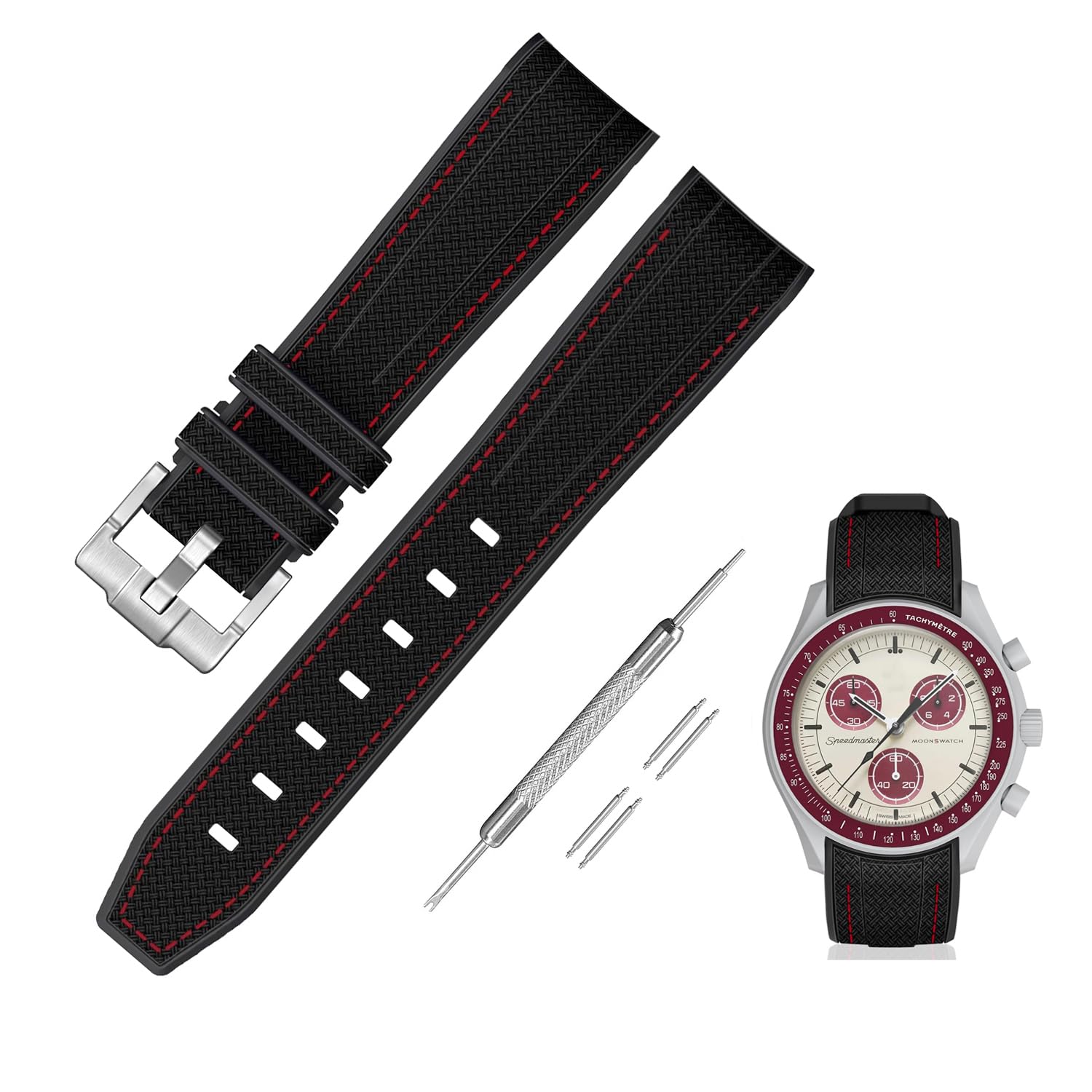  20mm 時計バンド for Omega X Swatch Speedmaster MoonSwatch オメガとスウォッチ用シリコンベルト Quick Release 交換工具付き 色：ブラック・レッドステッチ