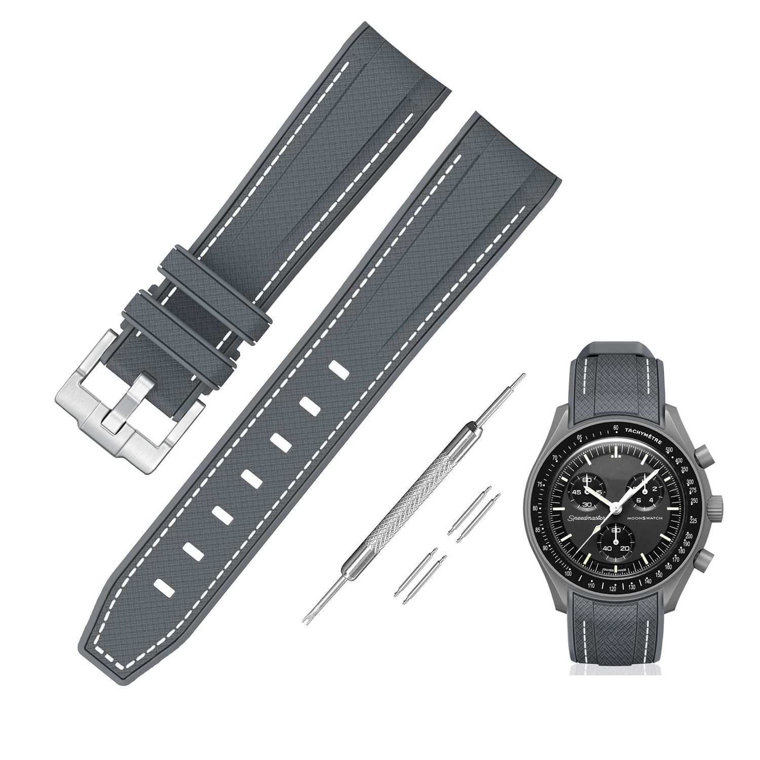  20mm 時計バンド for Omega X Swatch Speedmaster MoonSwatch オメガとスウォッチ用シリコンベルト Quick Release 交換工具付き 色：グレー・ホワイトステッチ