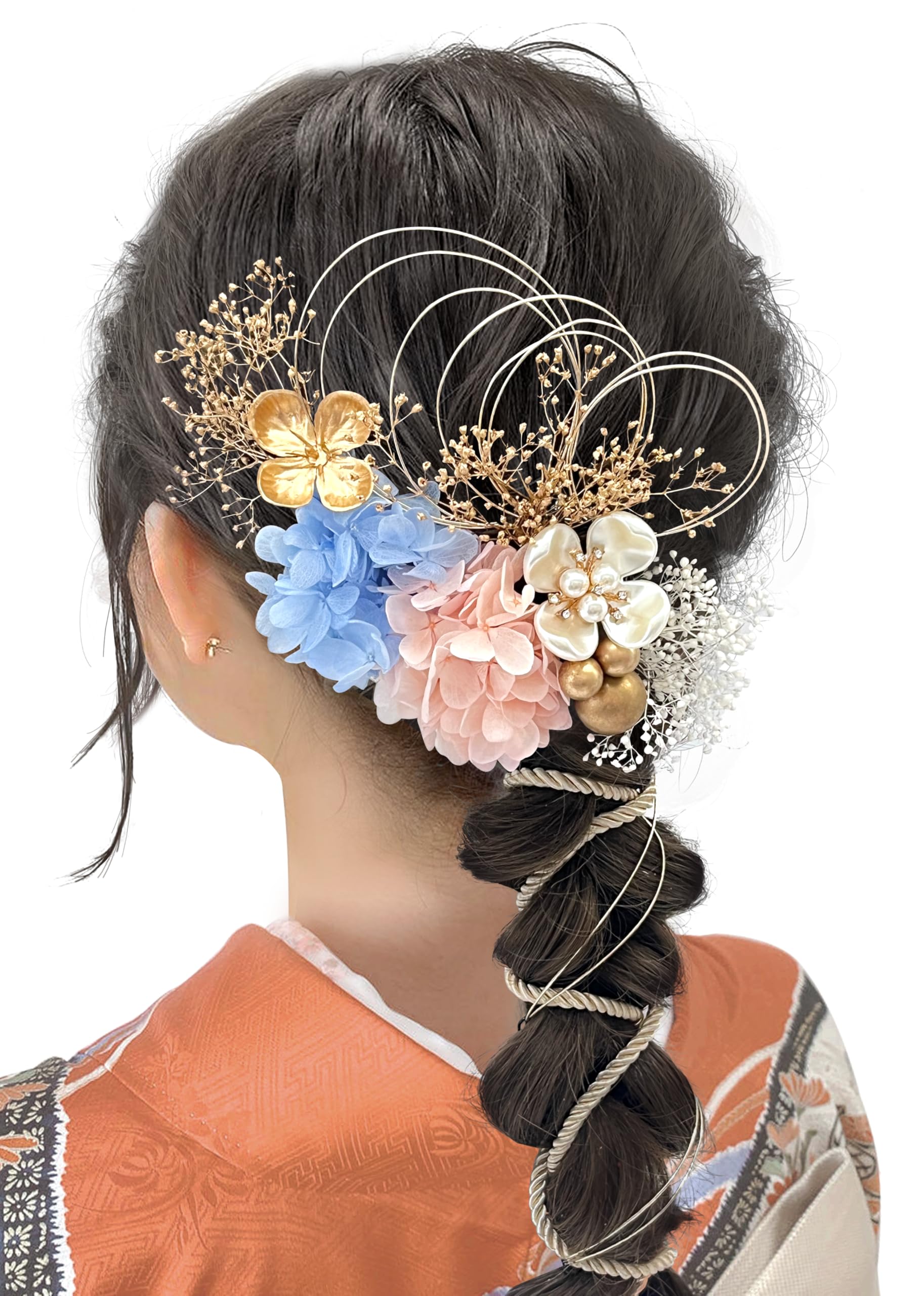 【送料無料】[JZOON] 髪飾り 人気 髪飾り セット ヘアアクセサリー ヘアーアレンジ 花 ドライフラワー 水引 振袖 和服 和装 着物 袴 浴衣 成人式 結婚式 卒業式 七五三 お祭り ポニーテール 色：青/ピンク