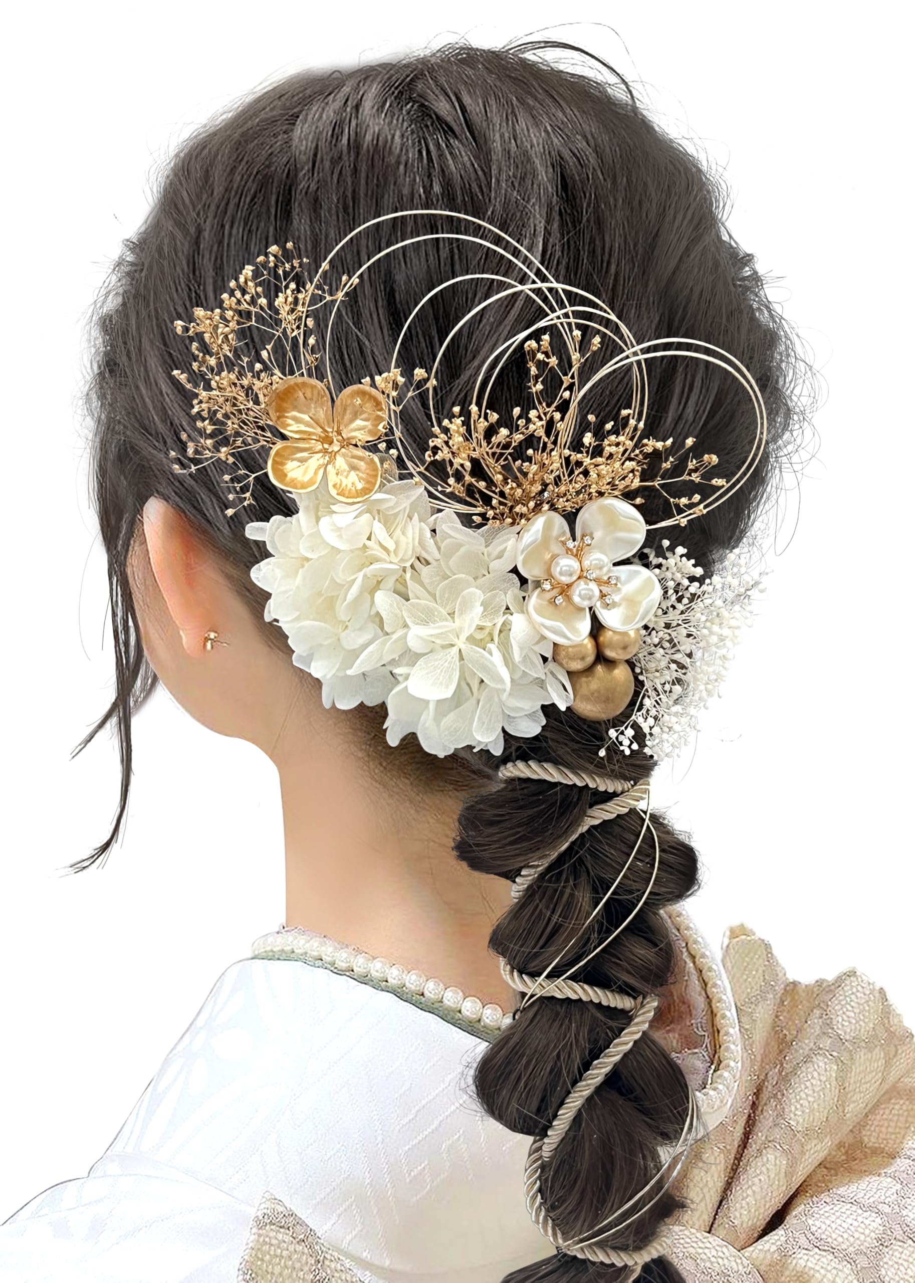 【送料無料】[JZOON] 髪飾り 人気 髪飾り セット ヘアアクセサリー ヘアーアレンジ 花 ドライフラワー 水引 振袖 和服 和装 着物 袴 浴衣 成人式 結婚式 卒業式 七五三 お祭り ポニーテール 色：ホワイト
