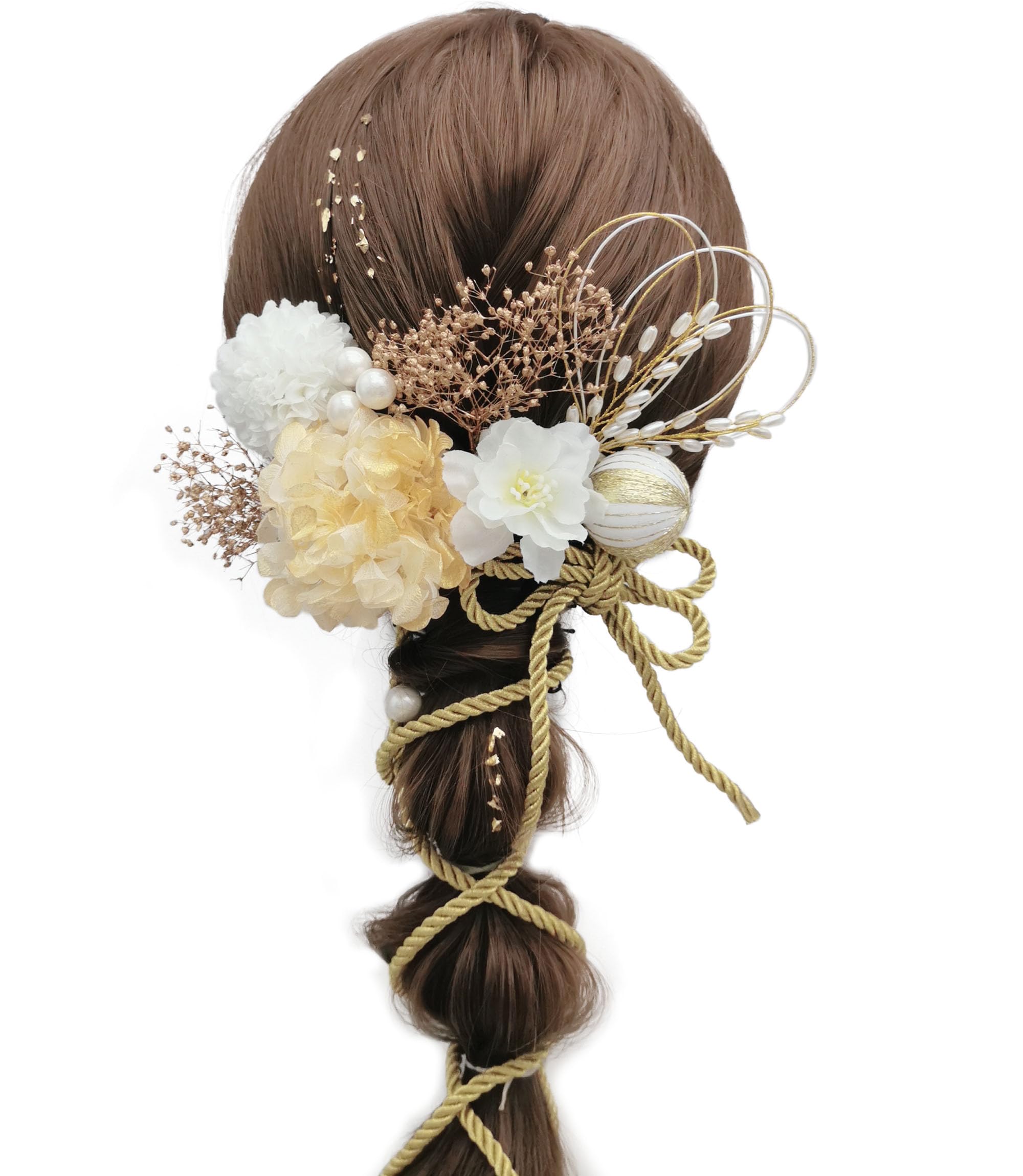 【送料無料】[JZOON] 髪飾り ヘアアクセサリー ドライフラワー 紫陽花 カスミソウ ピンポンマム 真珠の穂先 パール 水引 和玉 組紐 金箔 結婚式 入学式 卒業式 成人式 花火大会 着物 浴衣 袴 振袖 洋服 上品 華やか キラキラ 立体感 Y4401 色：ゴールド