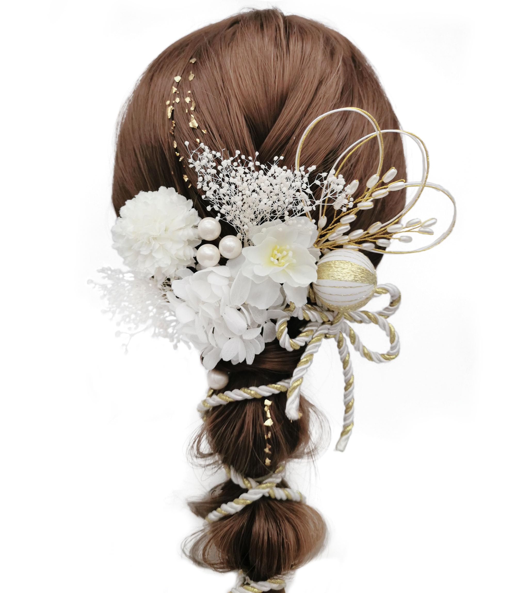 【送料無料】[JZOON] 髪飾り ヘアアクセサリー ドライフラワー 紫陽花 カスミソウ ピンポンマム 真珠の穂先 パール 水引 和玉 組紐 金箔 結婚式 入学式 卒業式 成人式 花火大会 着物 浴衣 袴 振袖 洋服 上品 華やか キラキラ 立体感 Y4401 色：ホワイト