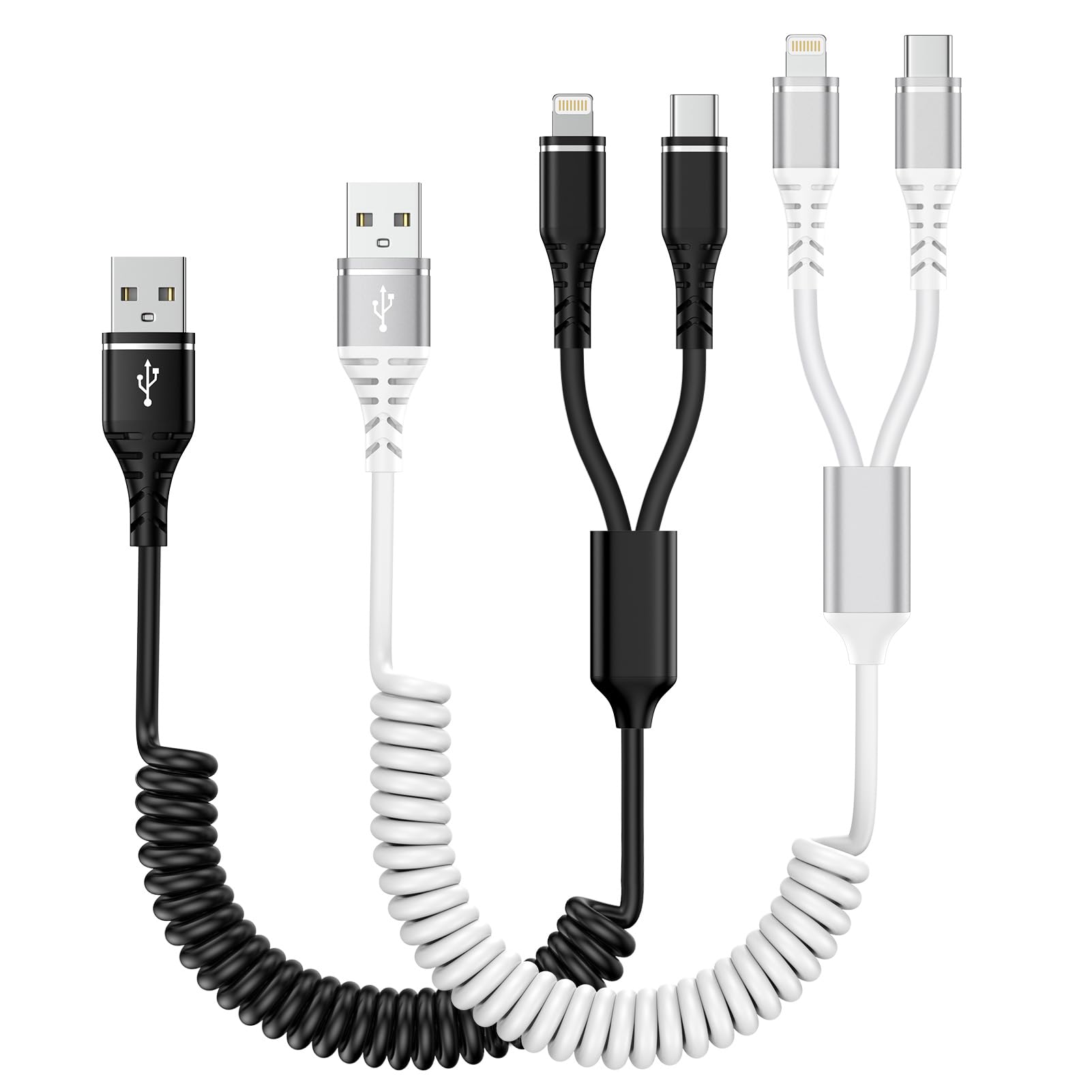 Bioonis 2in1充電ケーブル コイル式USB lightningケーブル+type-cケーブル0.4mから1.2Mまで自由伸縮 1本2股カール ライトニング iPhone用車ケーブル アイフォン16/15充電ケーブル マルチAndriod タイプCコード iPhone 16 色：ブラック＆ホワイト、サイズ：2