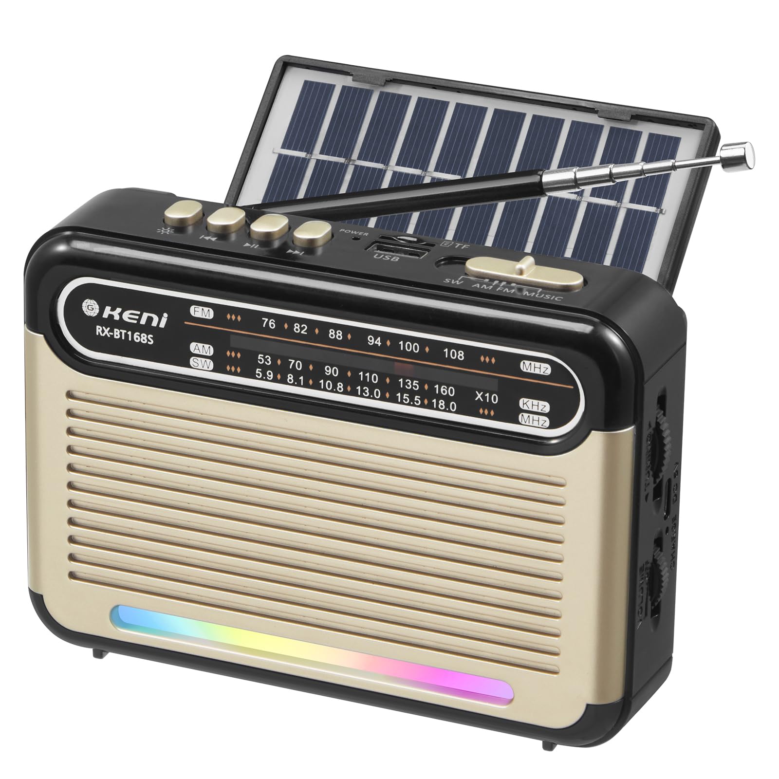 【送料無料】G keni ポータブルラジオ FM/AM/SW ラジオ USB/TFカード対応MP3プレーヤー 電池式 USB充電/太陽光充電対応 搭載 LED ライト レトロラジオ 横置き型 携帯 学習用 敬老の日 色：金 サイズ：小