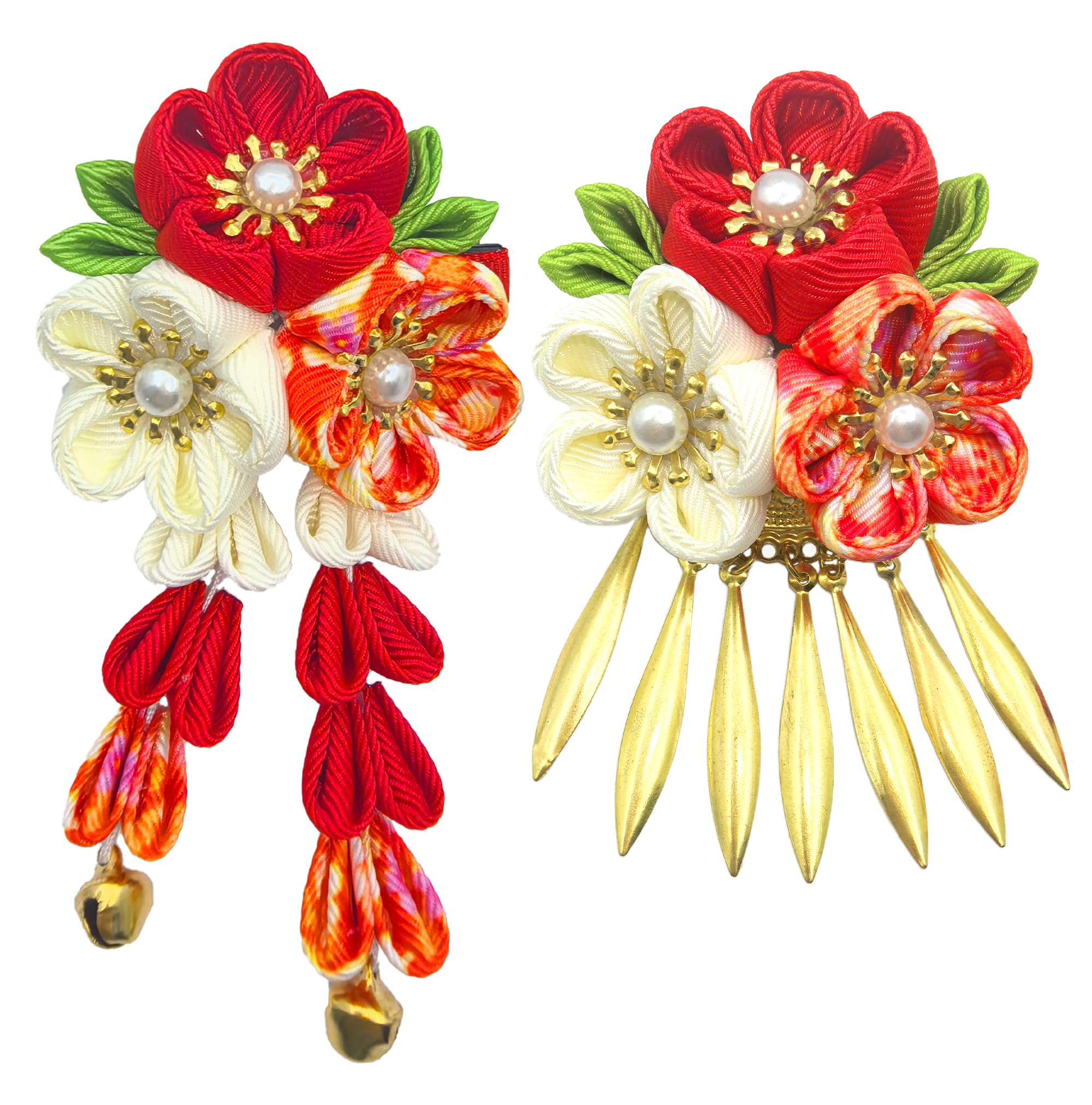 【送料無料】【JZOON】髪飾り ヘアアクセサリー つまみ細工 お花 鈴 金属タレ飾り パール クリップ仕様 七五三 卒園式 入学式 卒業式 成人式 結婚式 着物 浴衣 袴 振袖 洋服 和風 かわいい 伝統的 立体感 おしゃれ H2220 色：レッド
