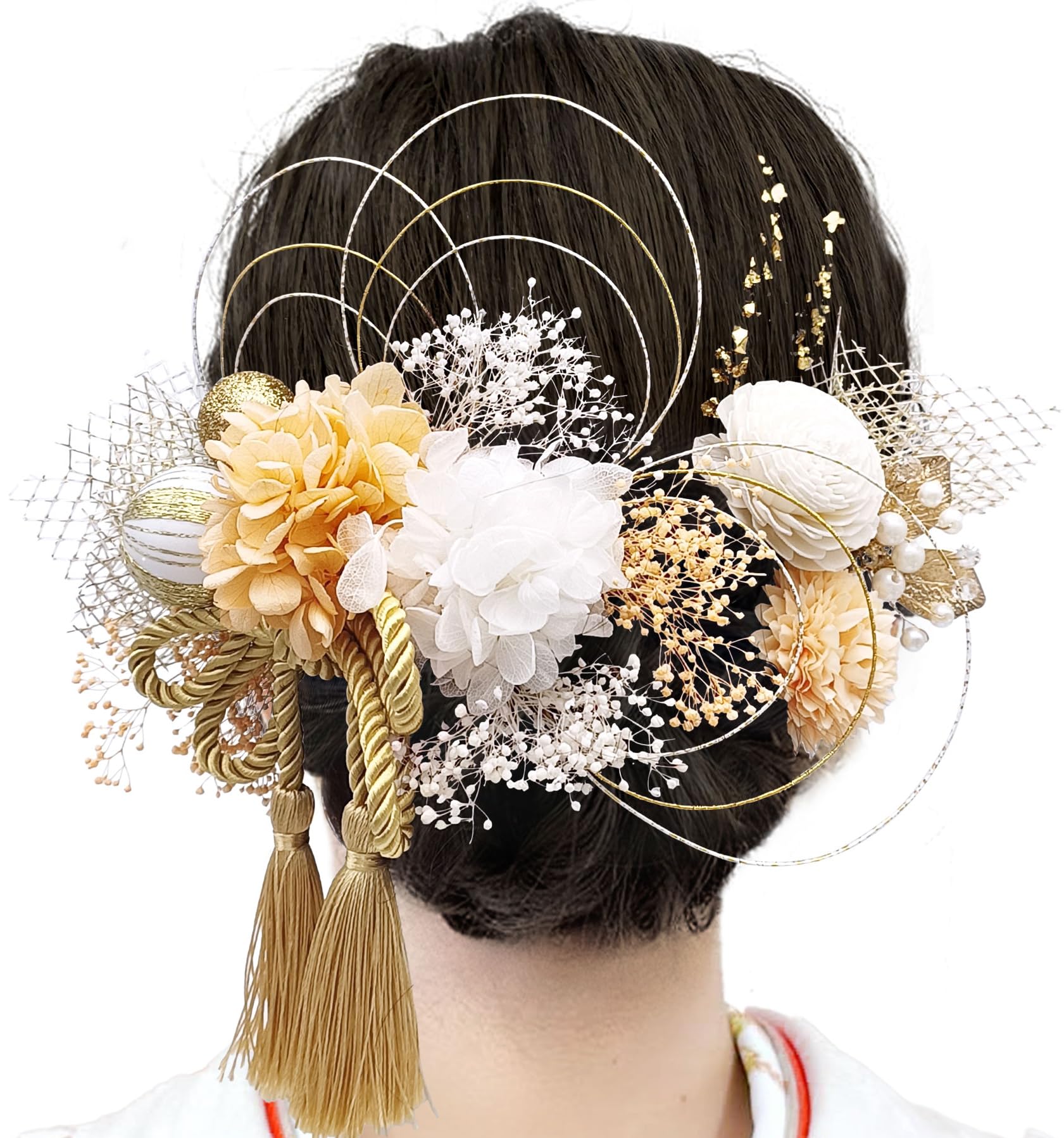 【送料無料】[JZOON] 成人式 髪飾り【10色展開】 ヘアアクセサリー ピンポンマム 髪飾り ラグジュアリー ドライフラワー 和玉 卒業式 成人式 袴 着物 飾り 浴衣 振袖 和装 結婚式 水引 かすみ草 造花 手作り T1400 色：シャンパン